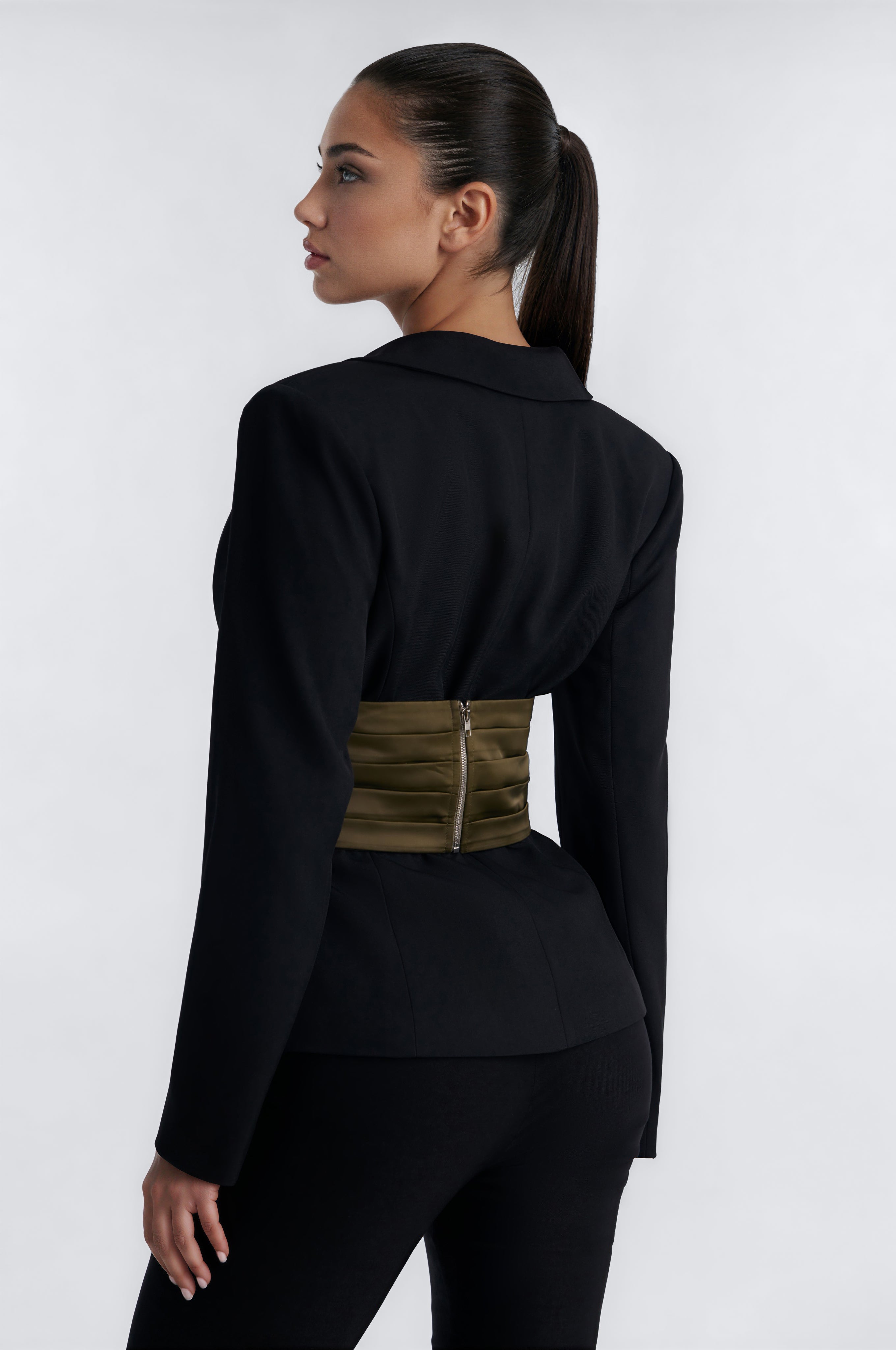 Juniper Plunging Cummerbund Belted Waist Blazer - Black