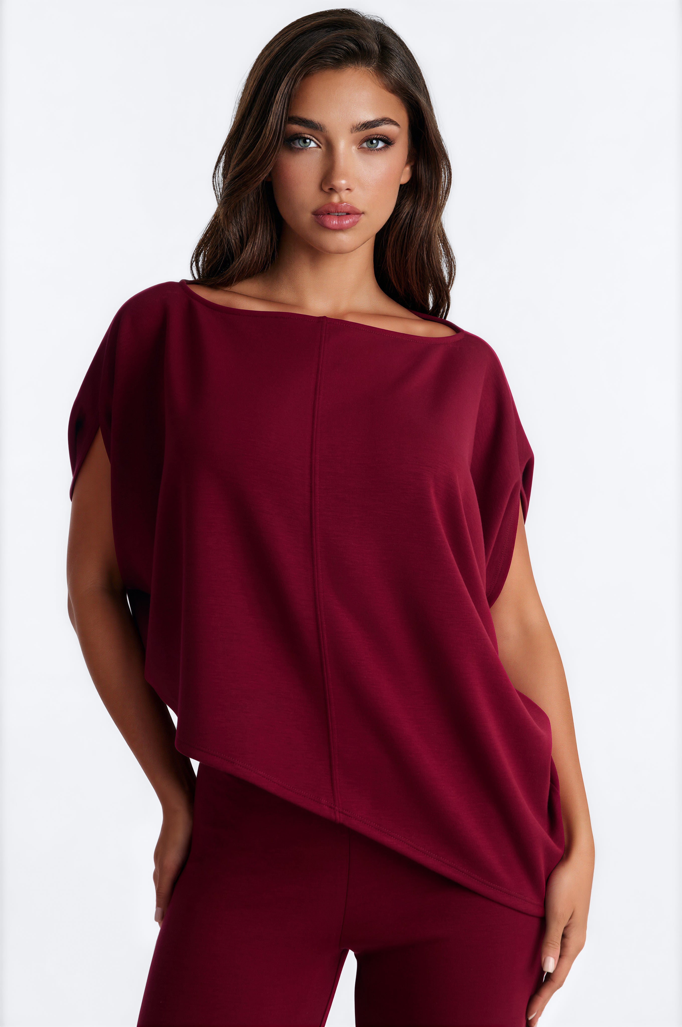 Alina One Shoulder Scuba Pant Set - Wine