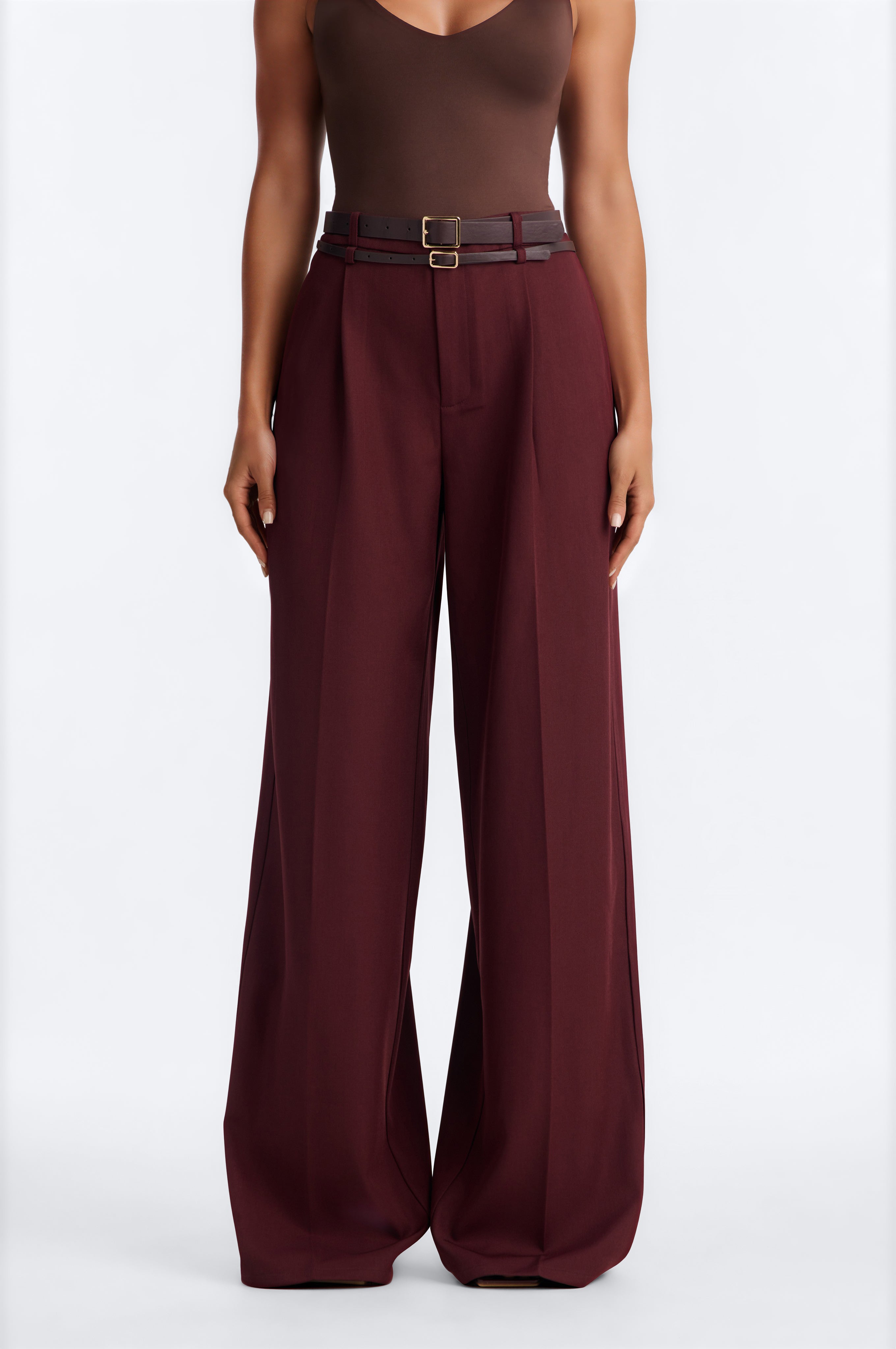 Tall Geraldine Belted Wide Leg Trousers - Wine
