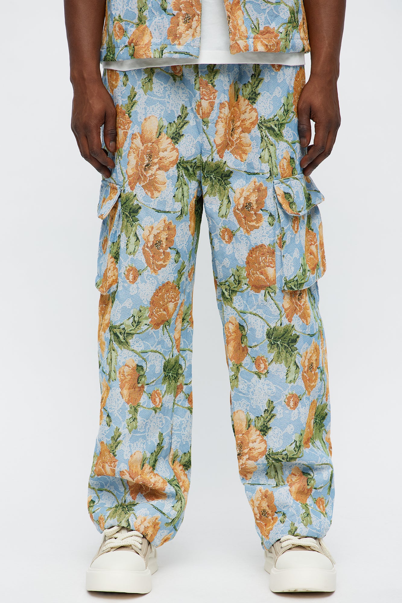 Baggy Rose Buds Tapestry Cargo Pant - Blue/combo