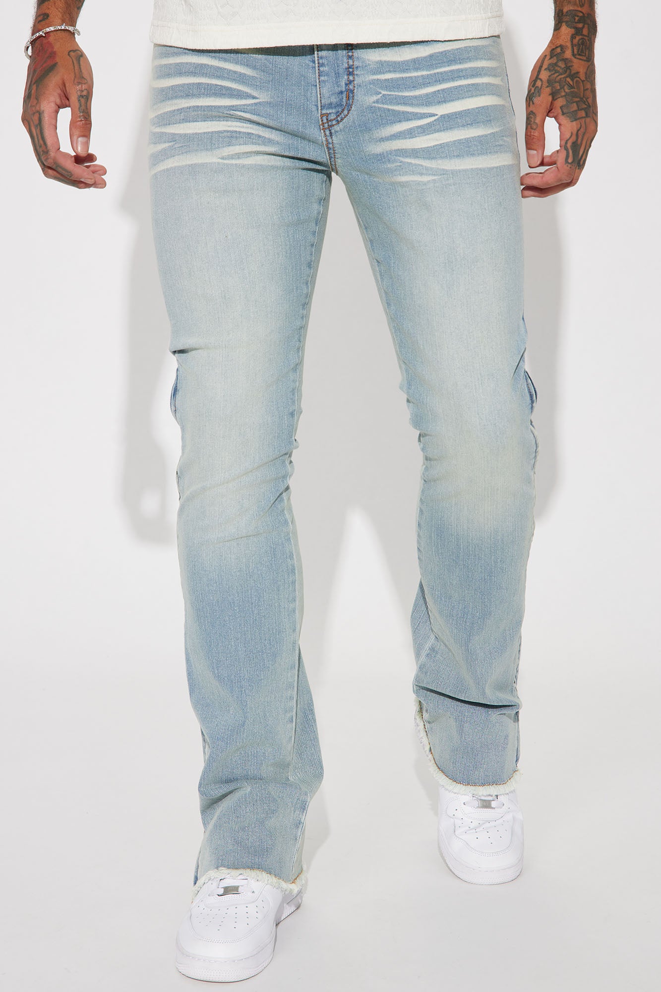 Along Side Zipper Stacked Skinny Flare Jeans - Light Blue Wash