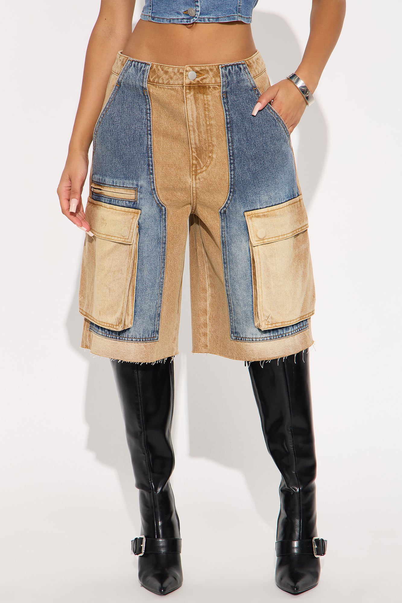 Sahara Cargo Denim Jorts - Tan/Multi