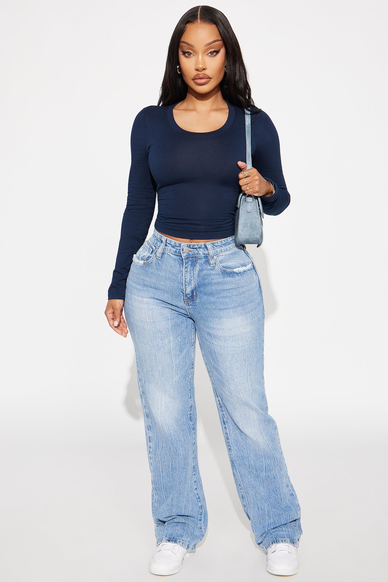 Elise Round Neck Long Sleeve Top - Navy