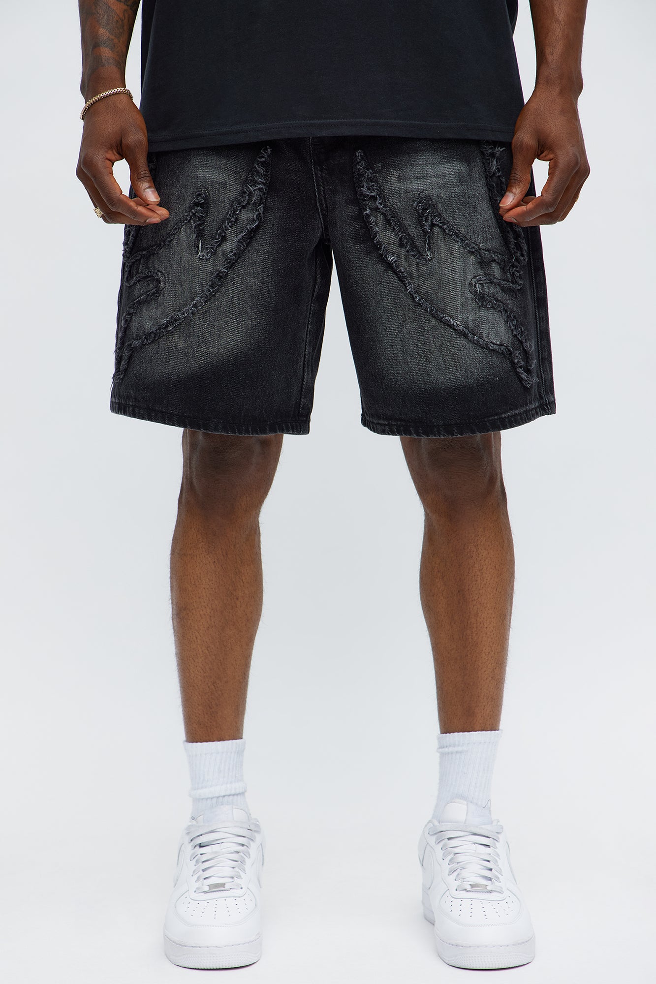 Relaxed Rugged Fray Denim Shorts - Black Wash