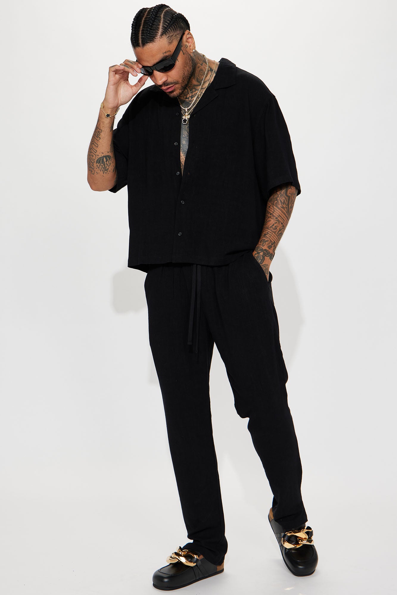 Solid Textured Linen Button Up Shirt - Black
