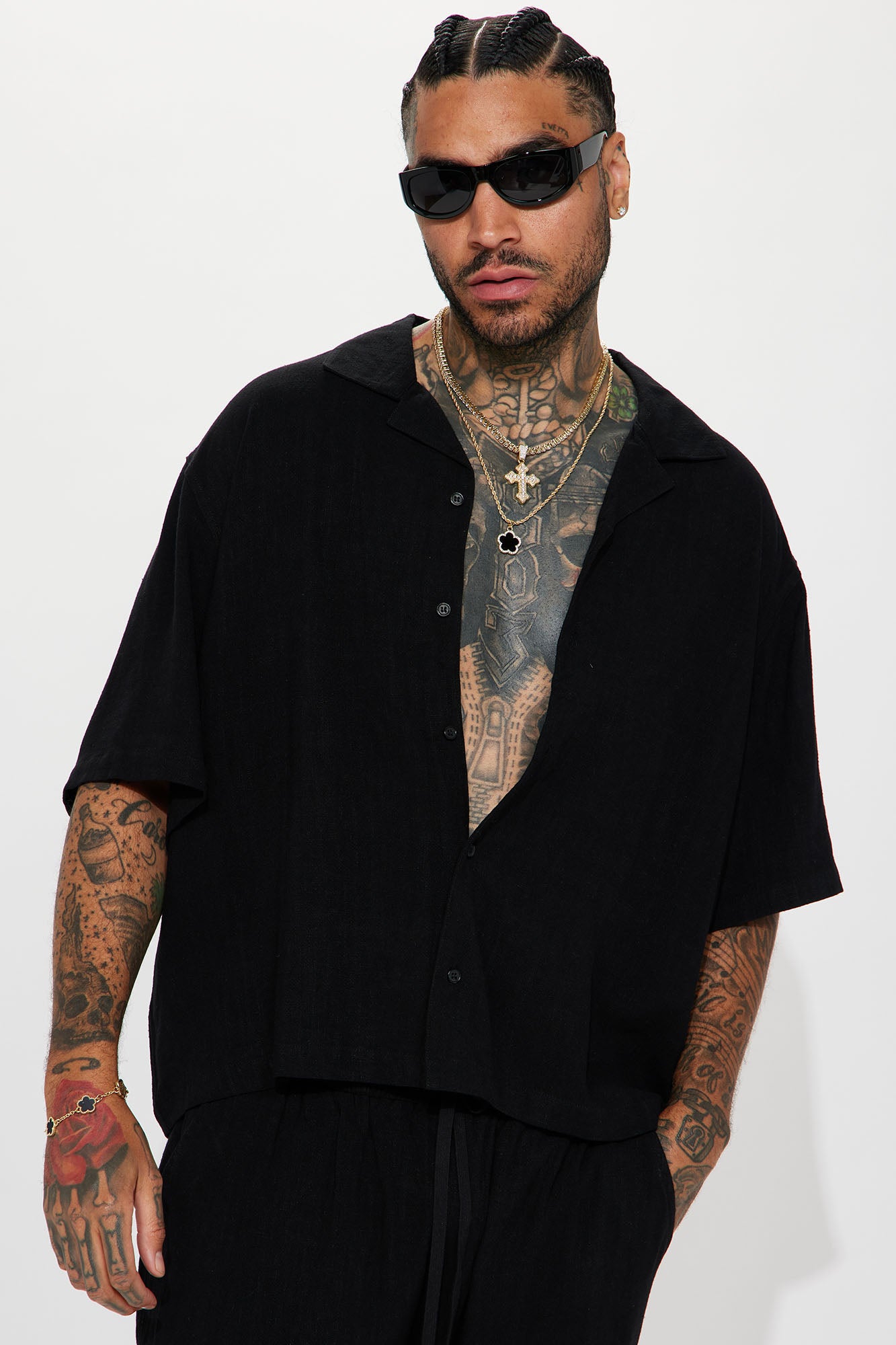 Solid Textured Linen Button Up Shirt - Black