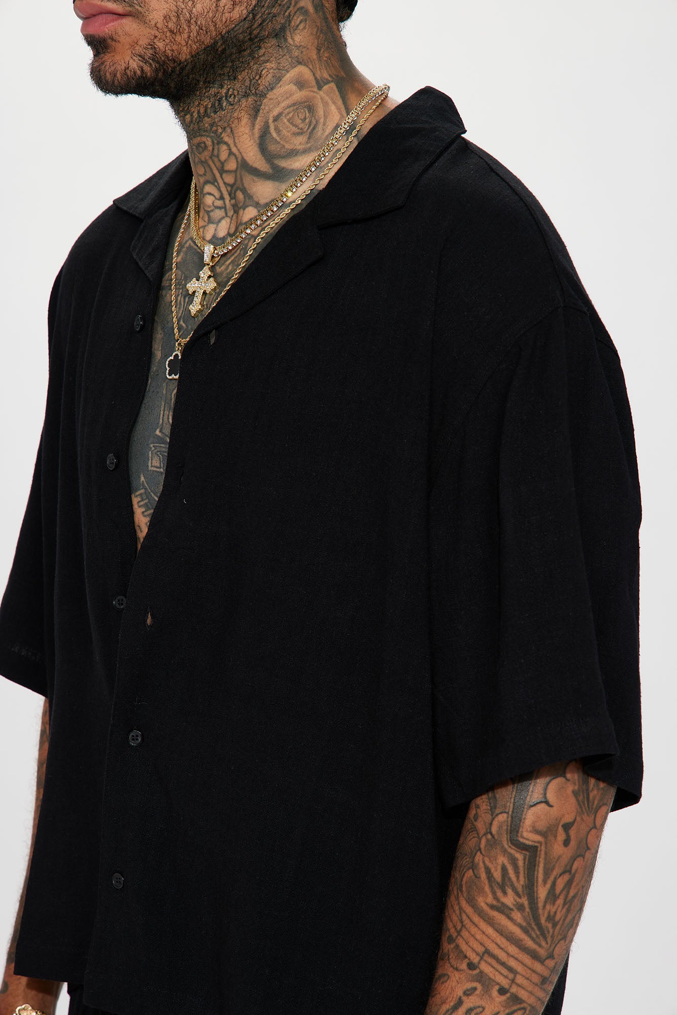 Solid Textured Linen Button Up Shirt - Black