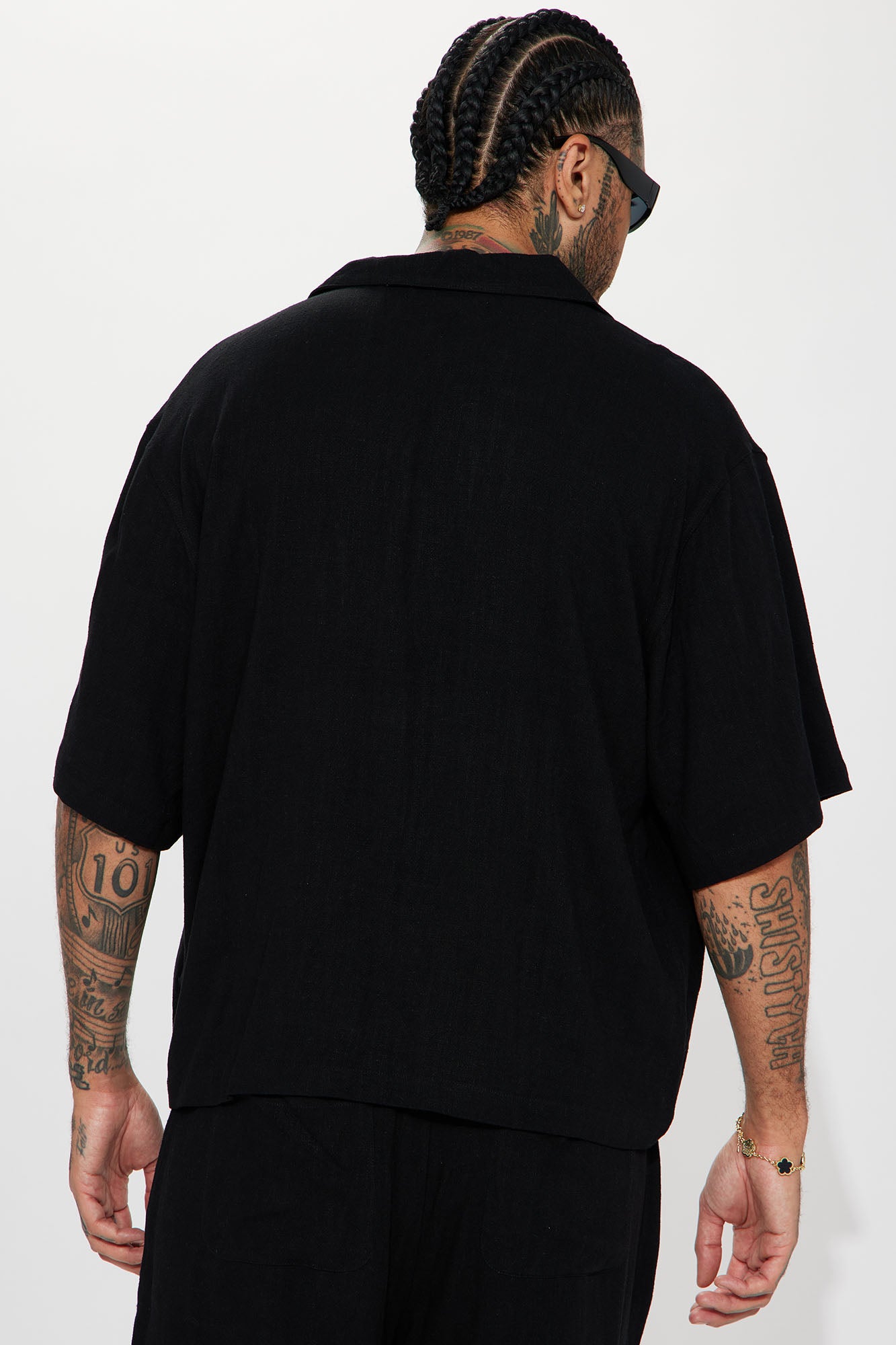 Solid Textured Linen Button Up Shirt - Black