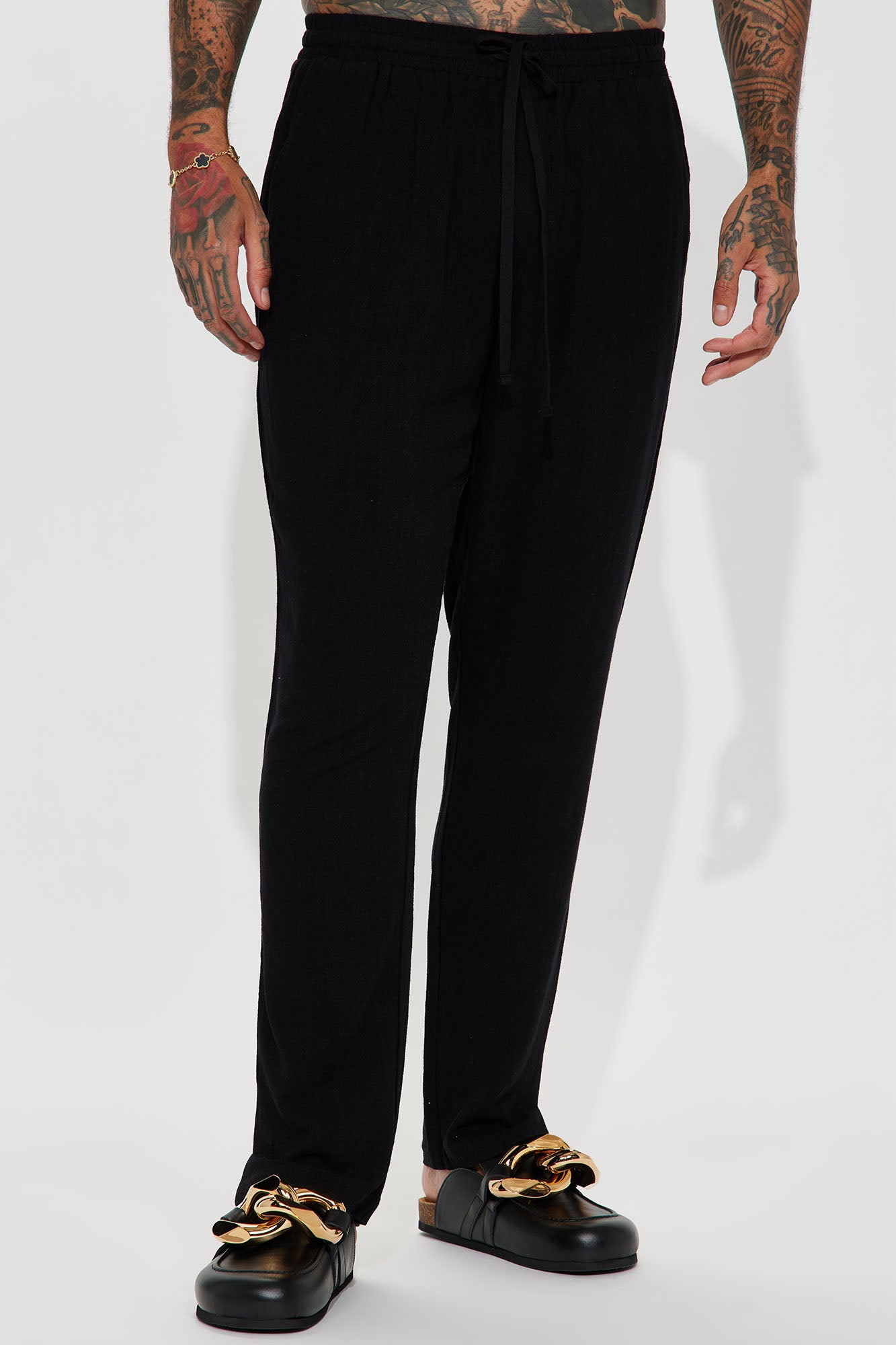 Solid Textured Linen Pull On Side Slit Pants - Black
