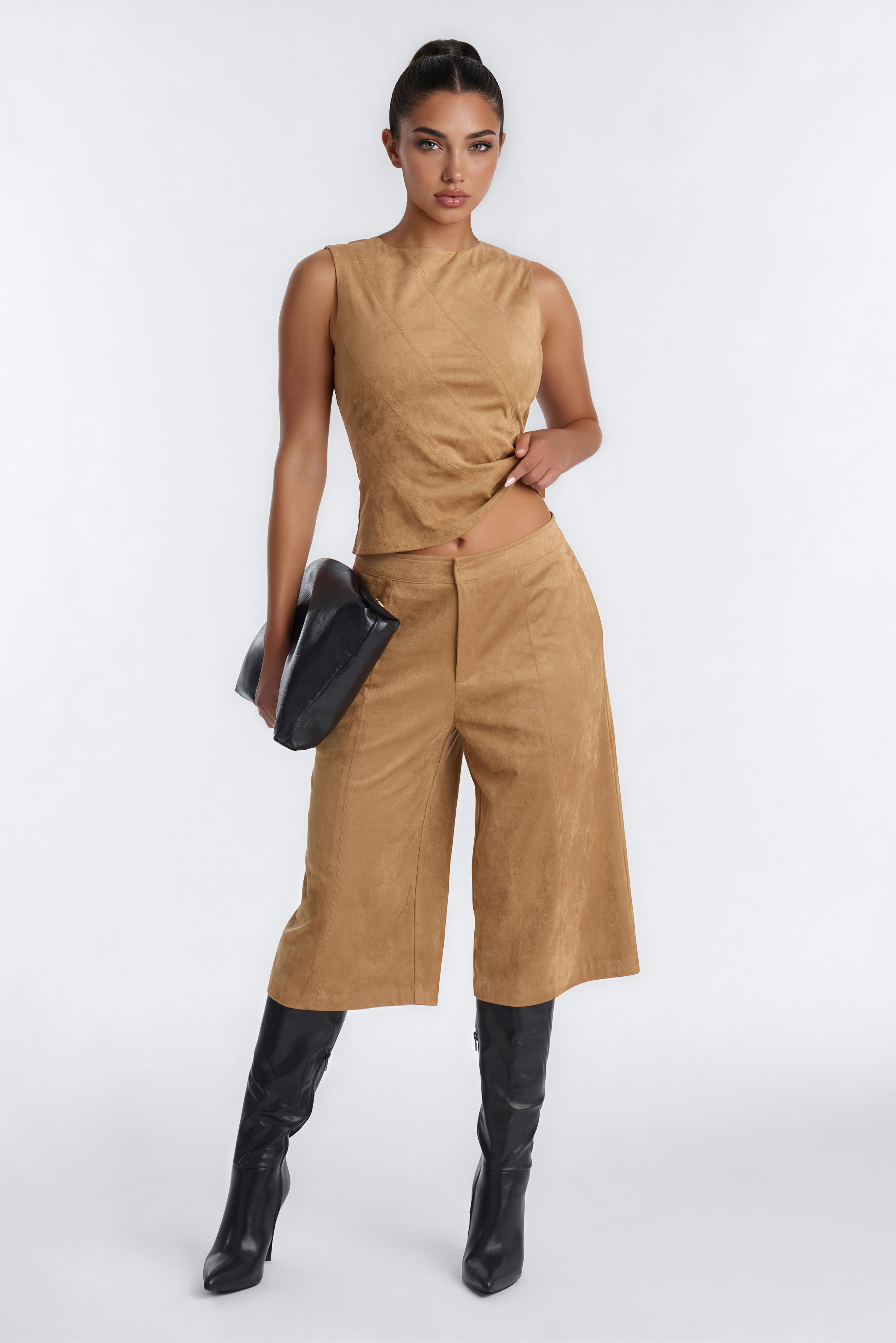 Sasha Faux Suede Bermuda Short Set - Camel