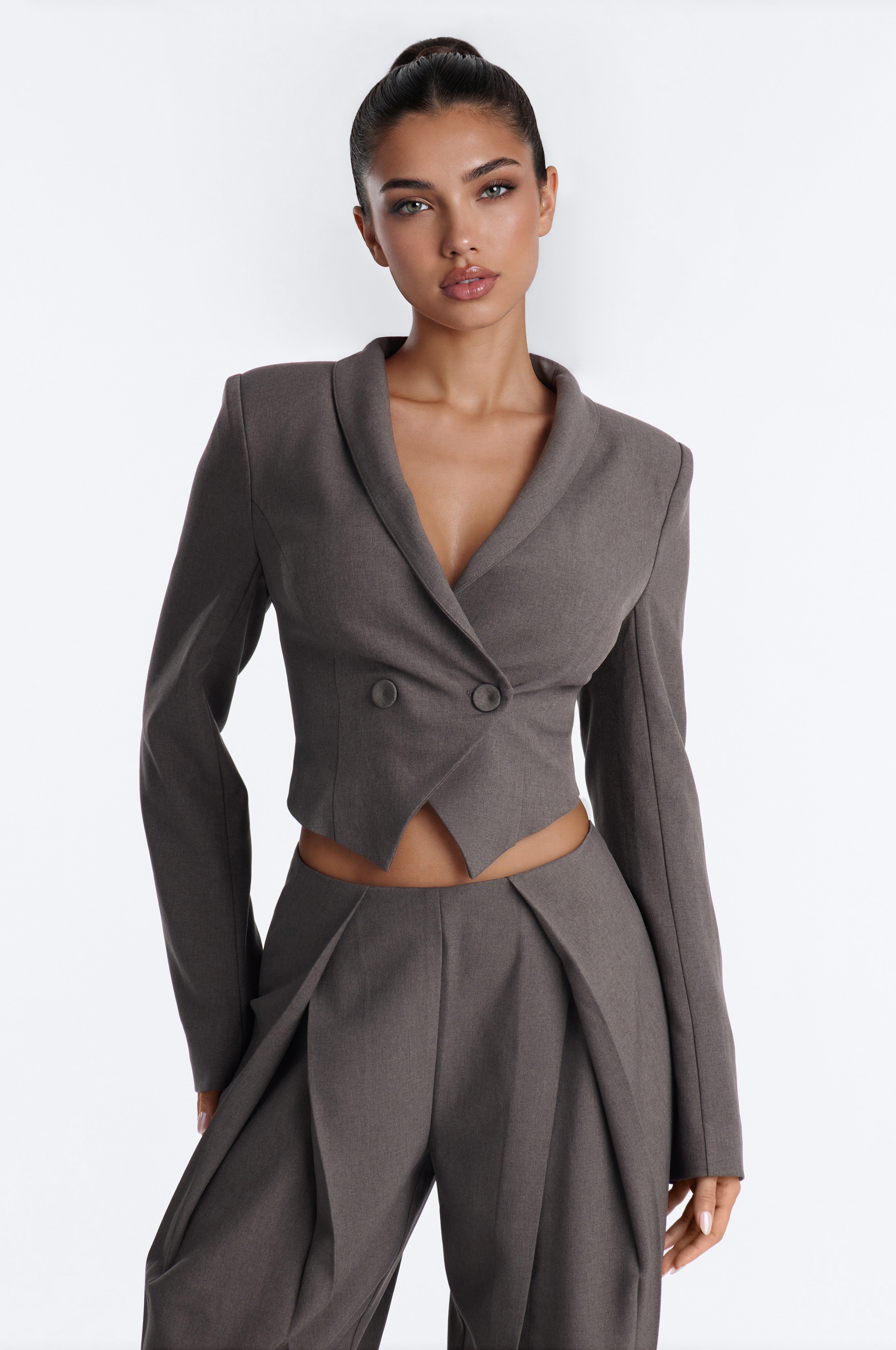 Heathered Edge Double Breasted Cropped Blazer - Charcoal
