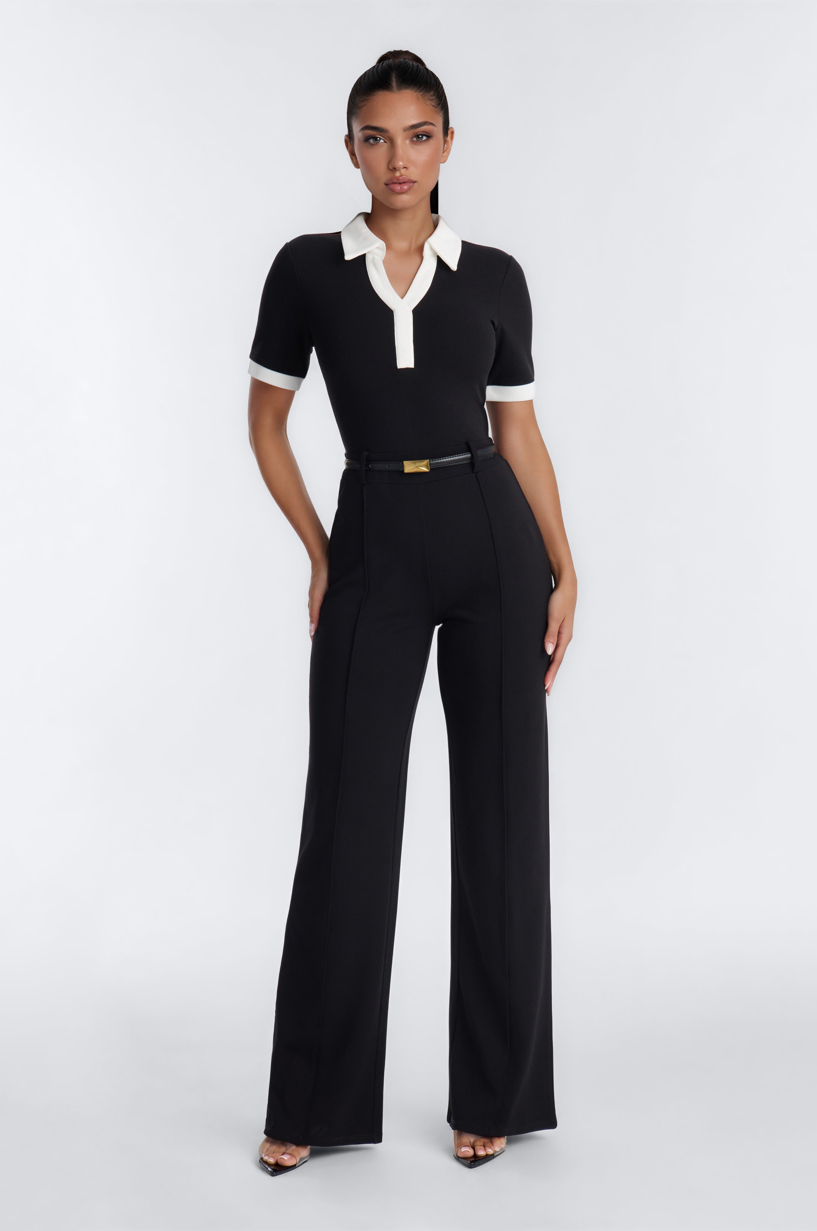 Angelique Belted Wide Leg Jumpsuit - Black/White