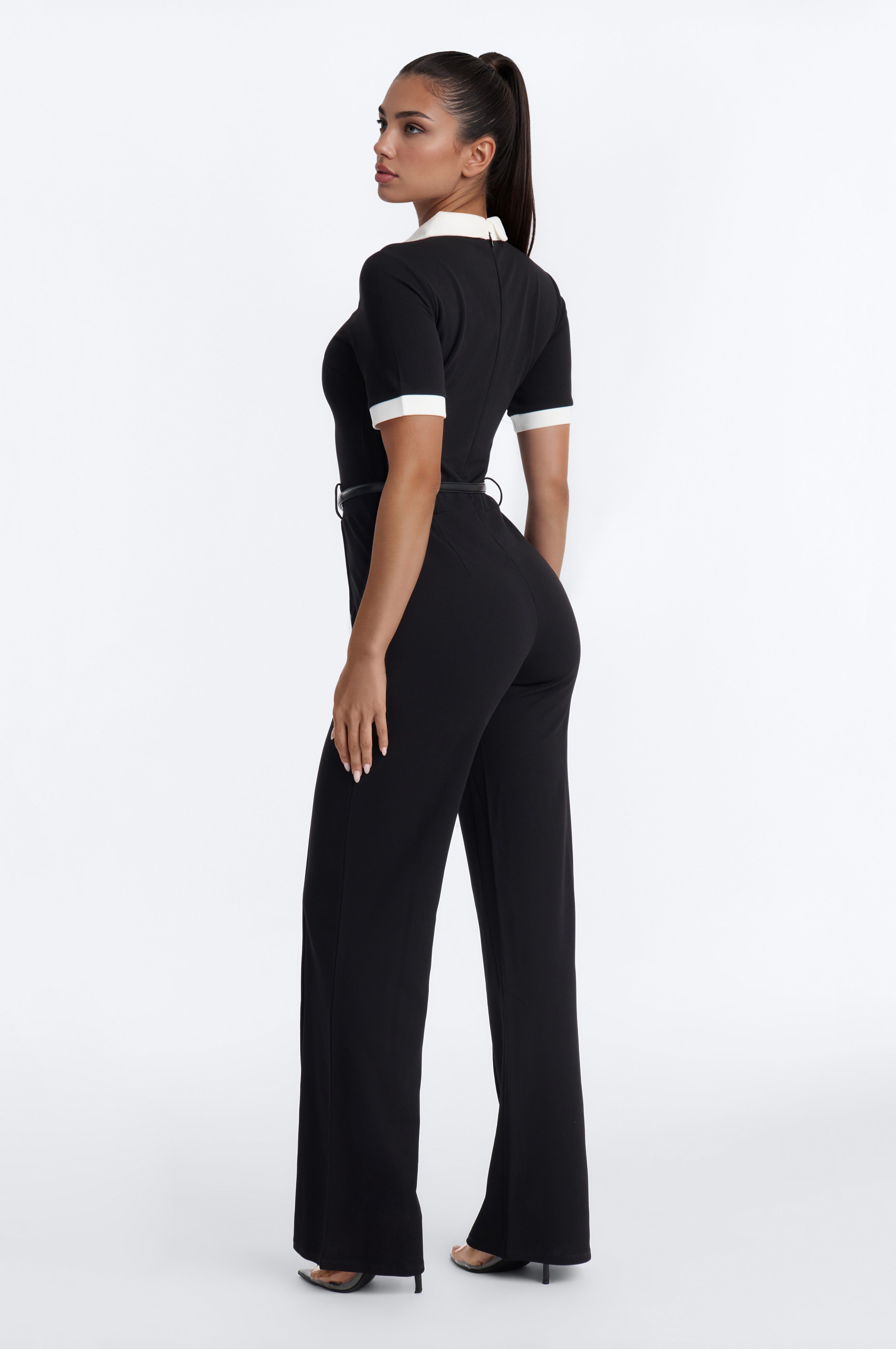 Angelique Belted Wide Leg Jumpsuit - Black/White