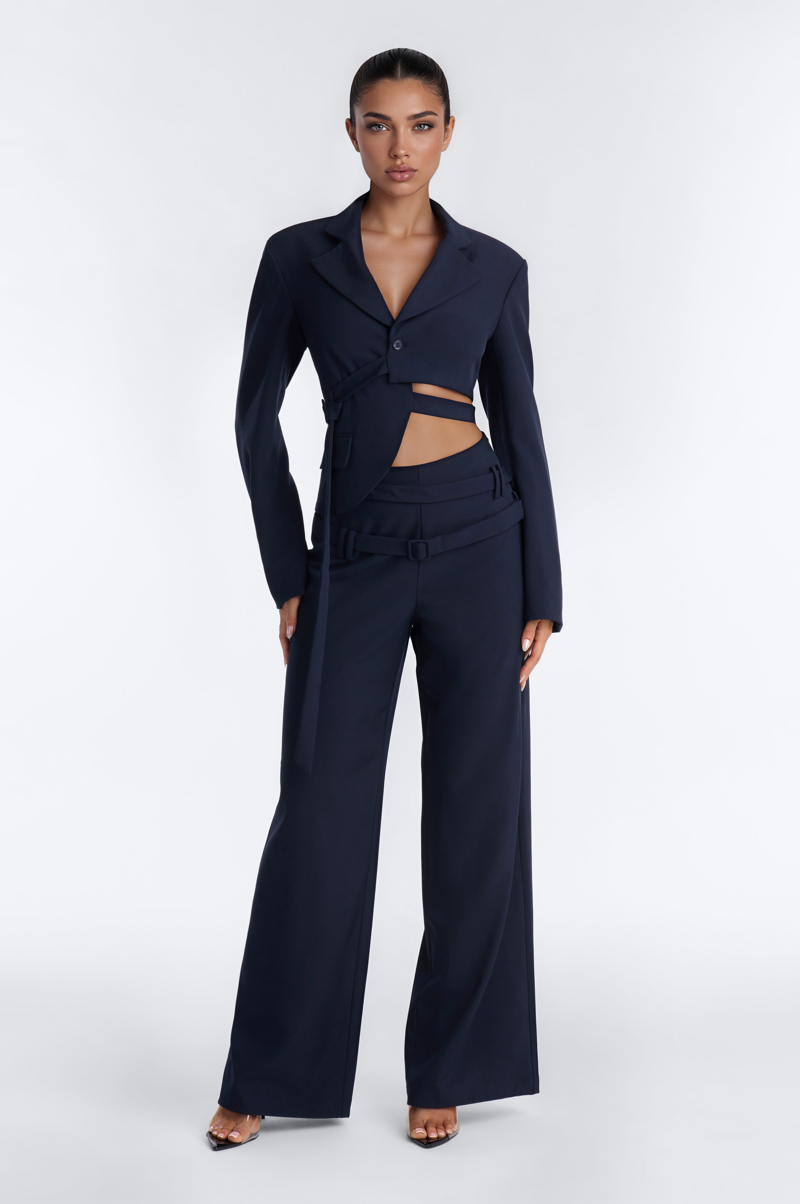 Roxie Asymmetrical Cropped Belted Waist Blazer - Navy