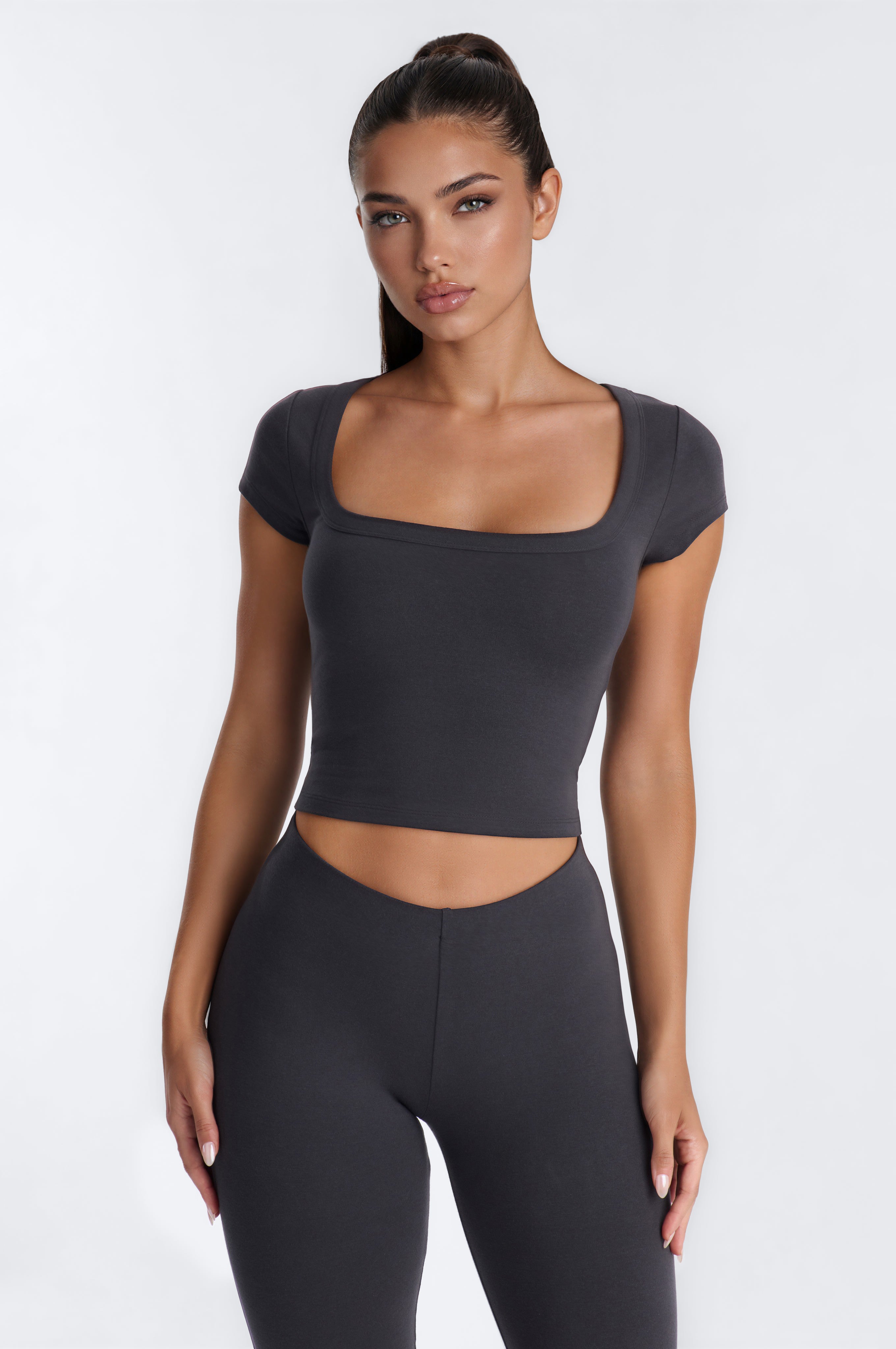 Quinn Low Neck Cap Sleeve Top - Charcoal