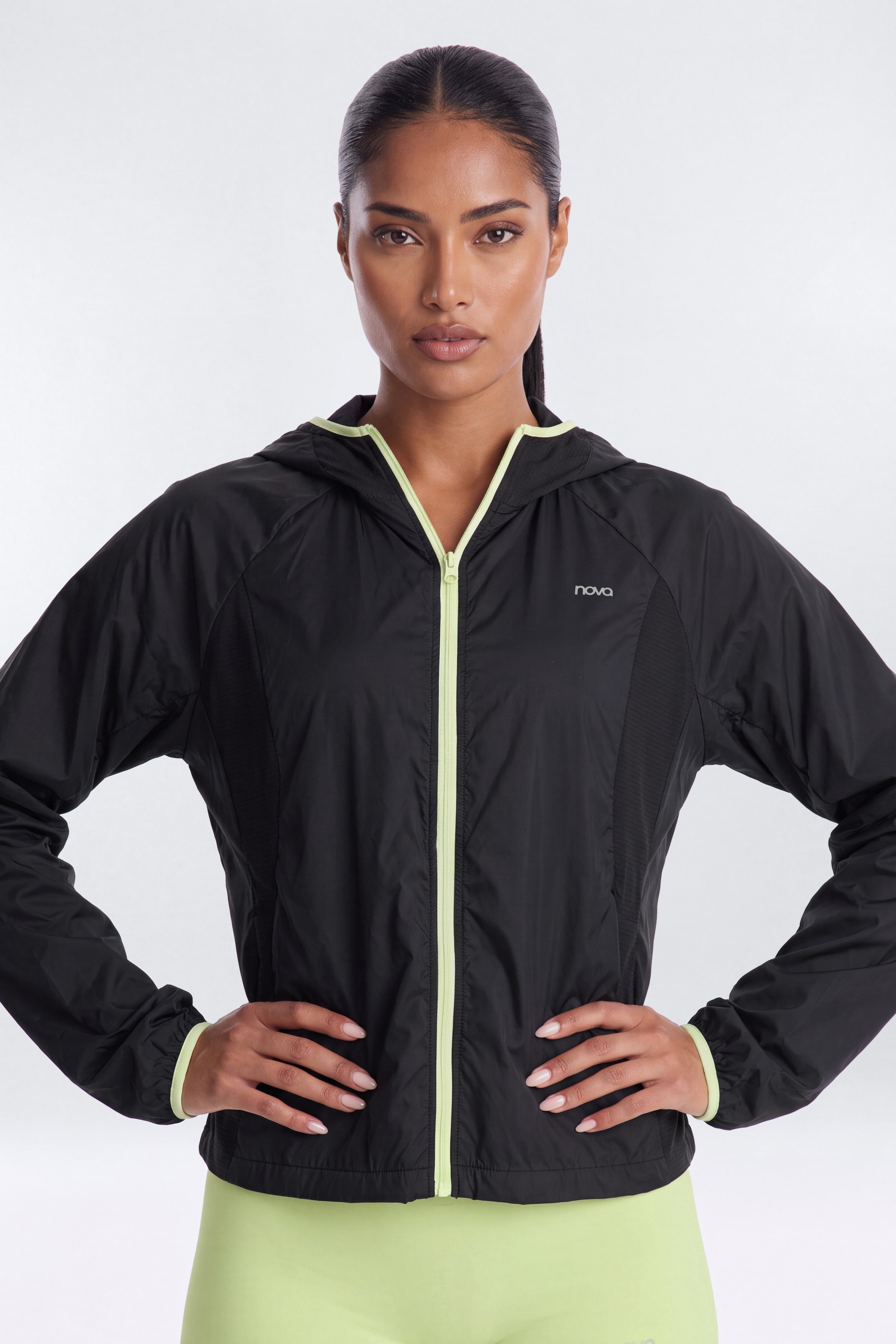 Nylon Light Weight RipStop Zip Up Hooded Running Jacket - Black