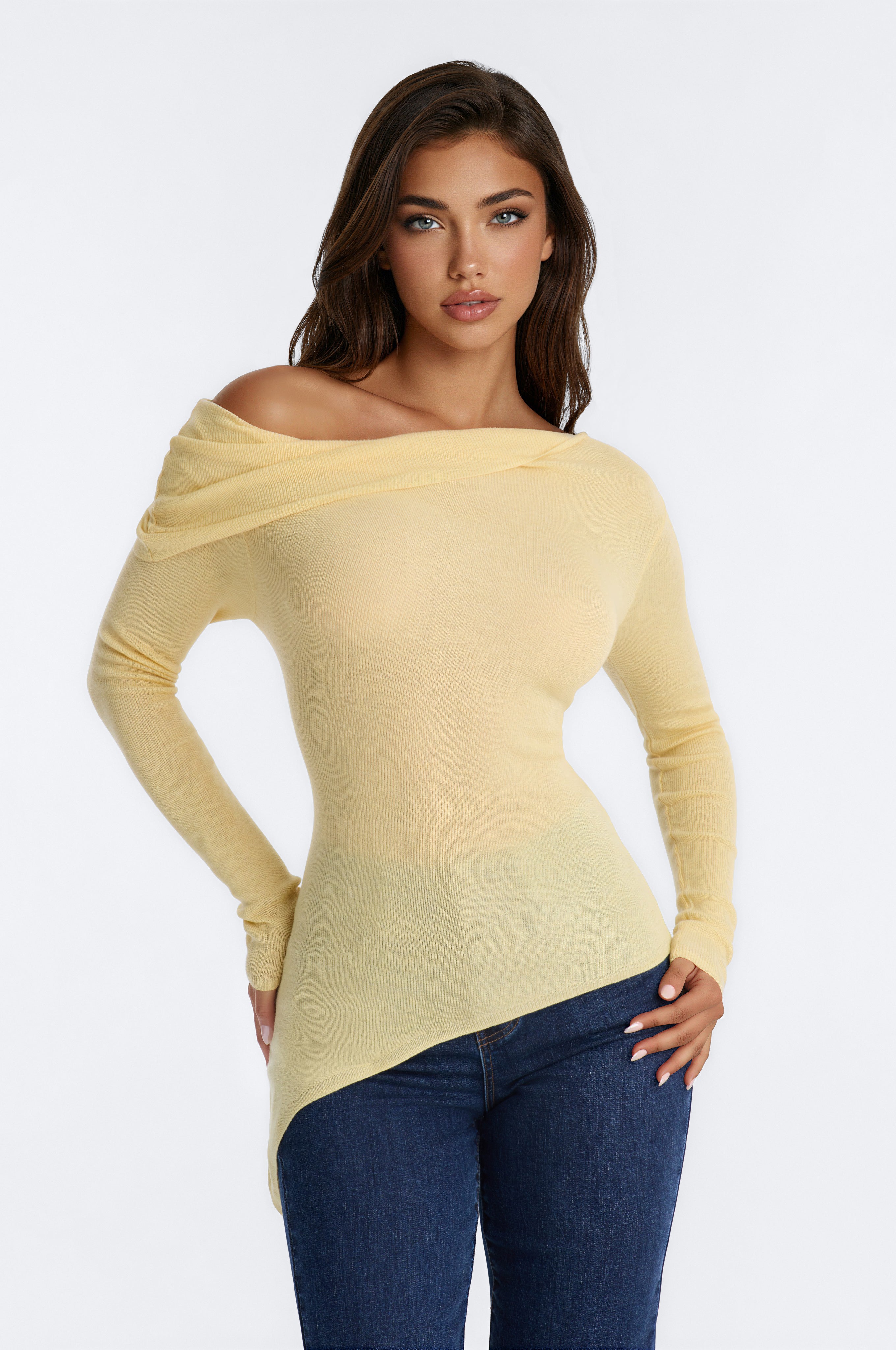 Gabrielle Off Shoulder Twist Long Sleeve Sweater - ButterYellow