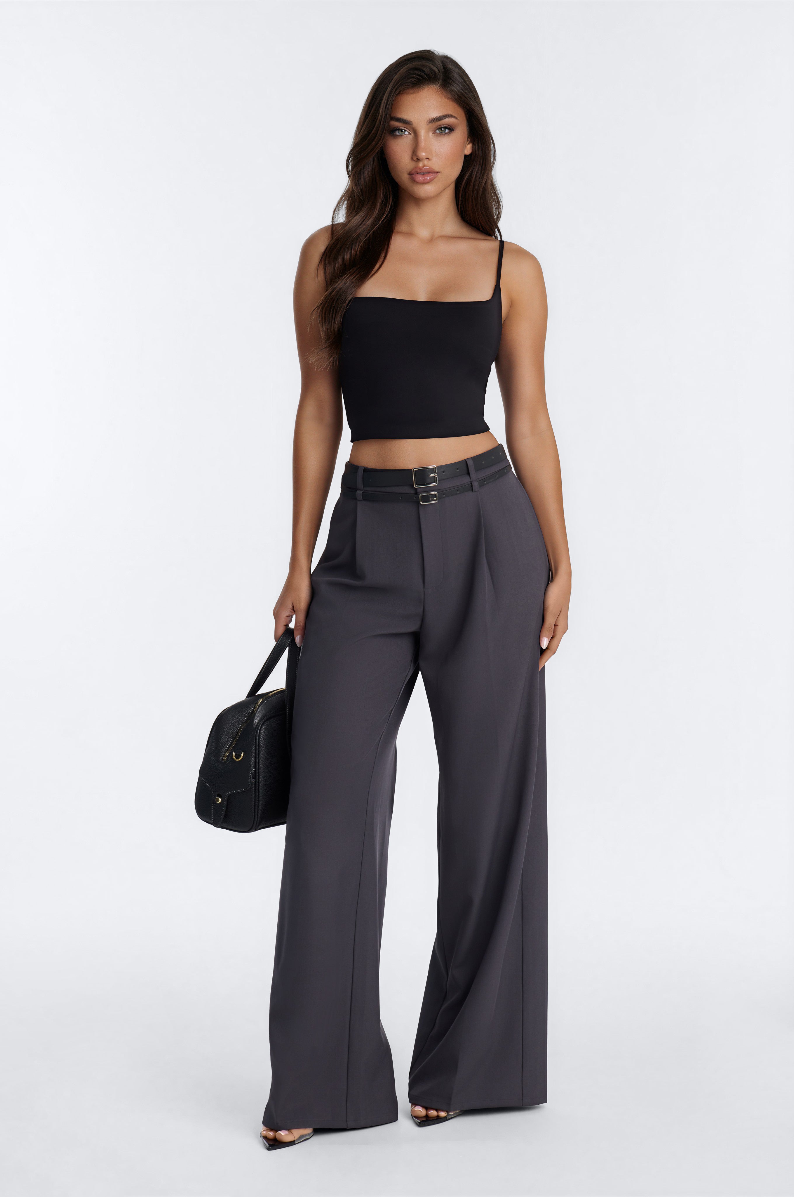 Geraldine Belted Wide Leg Trousers 33″ - Charcoal