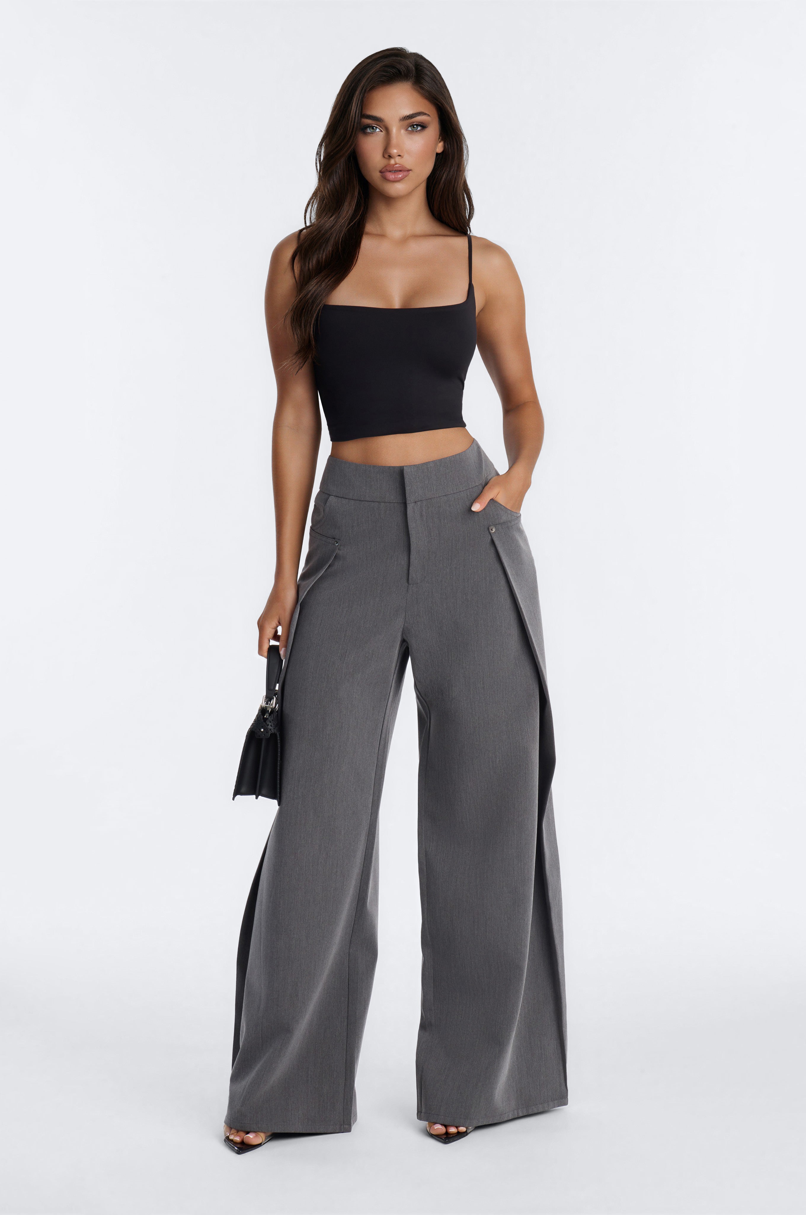 Presley Paneled Wrap Wide Leg Trouser - Charcoal