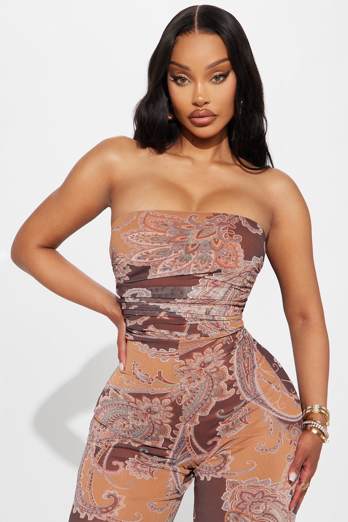Special Moment Mesh Strapless Jumpsuit - Brown/combo