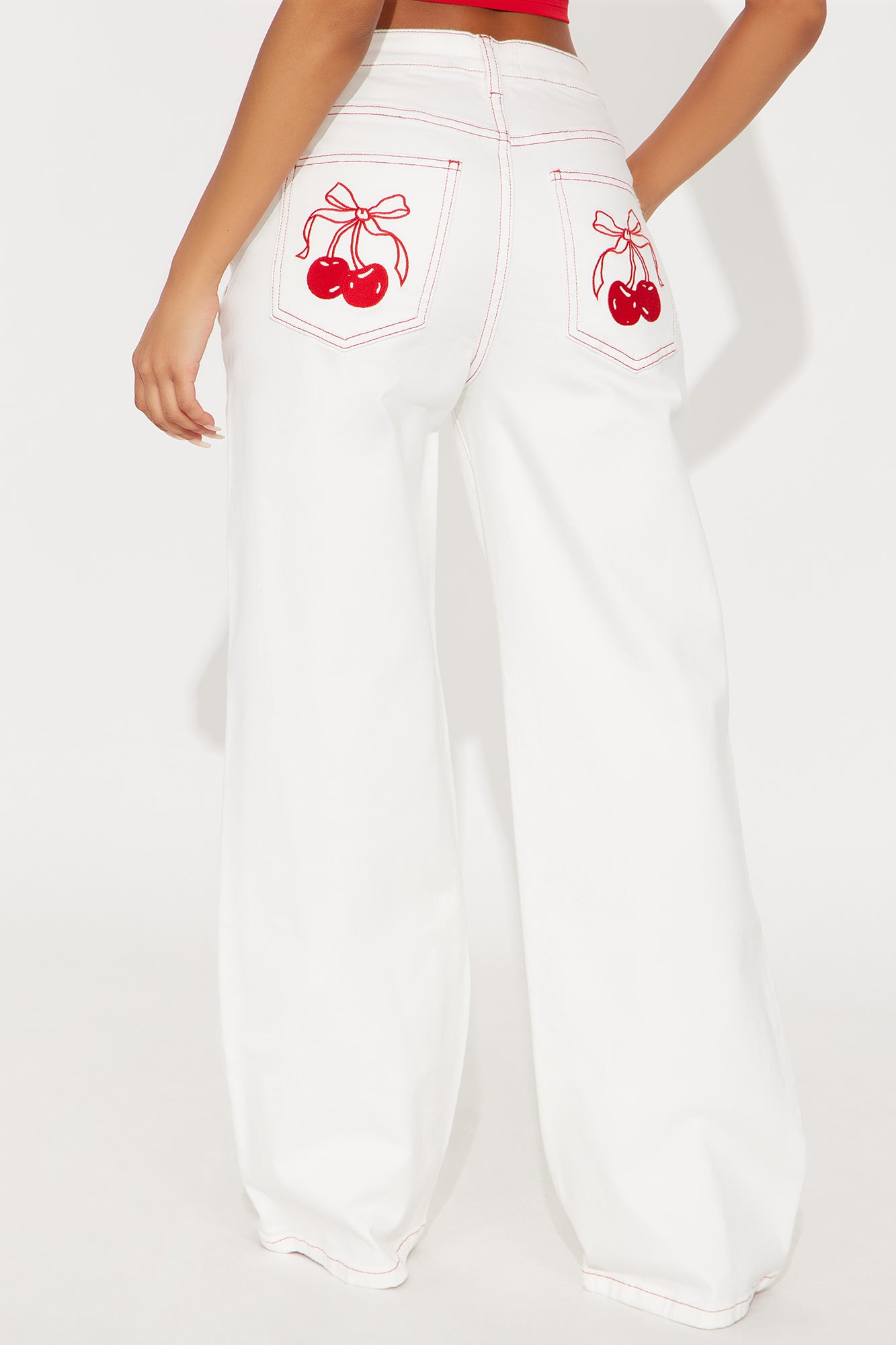 Cherry Bow Embroidered Wide Leg Jeans - White