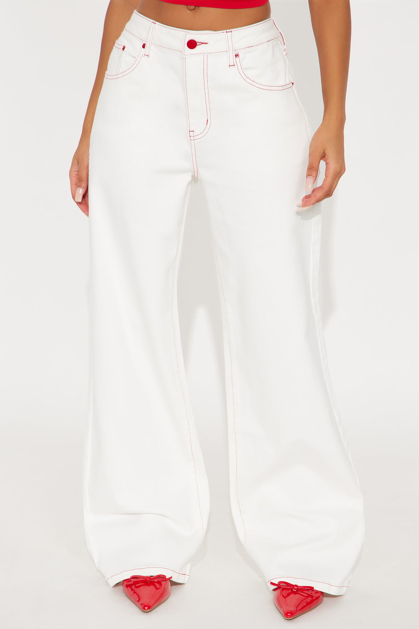 Cherry Bow Embroidered Wide Leg Jeans - White