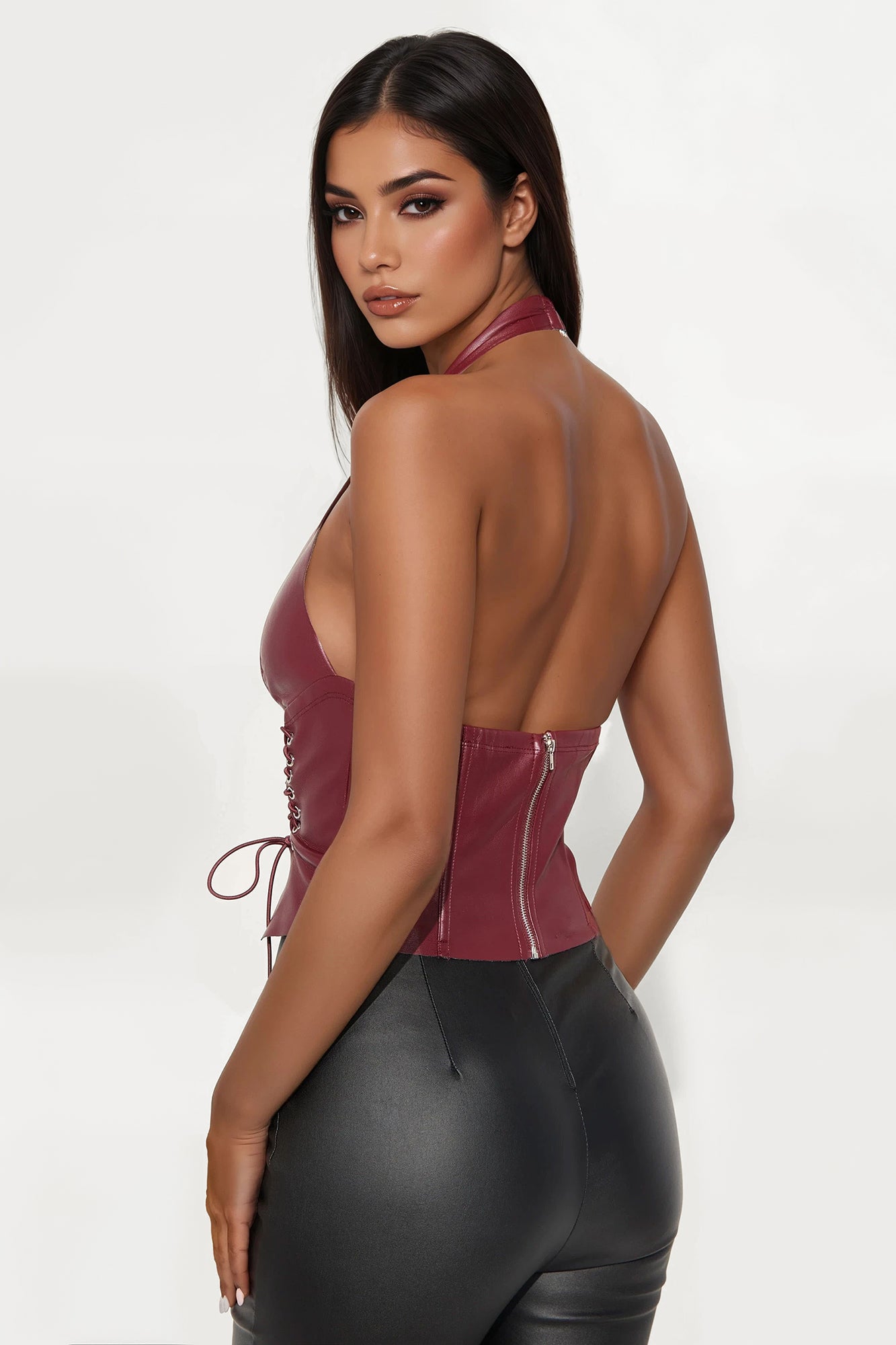 The Baddest Faux Leather Corset Top - Burgundy