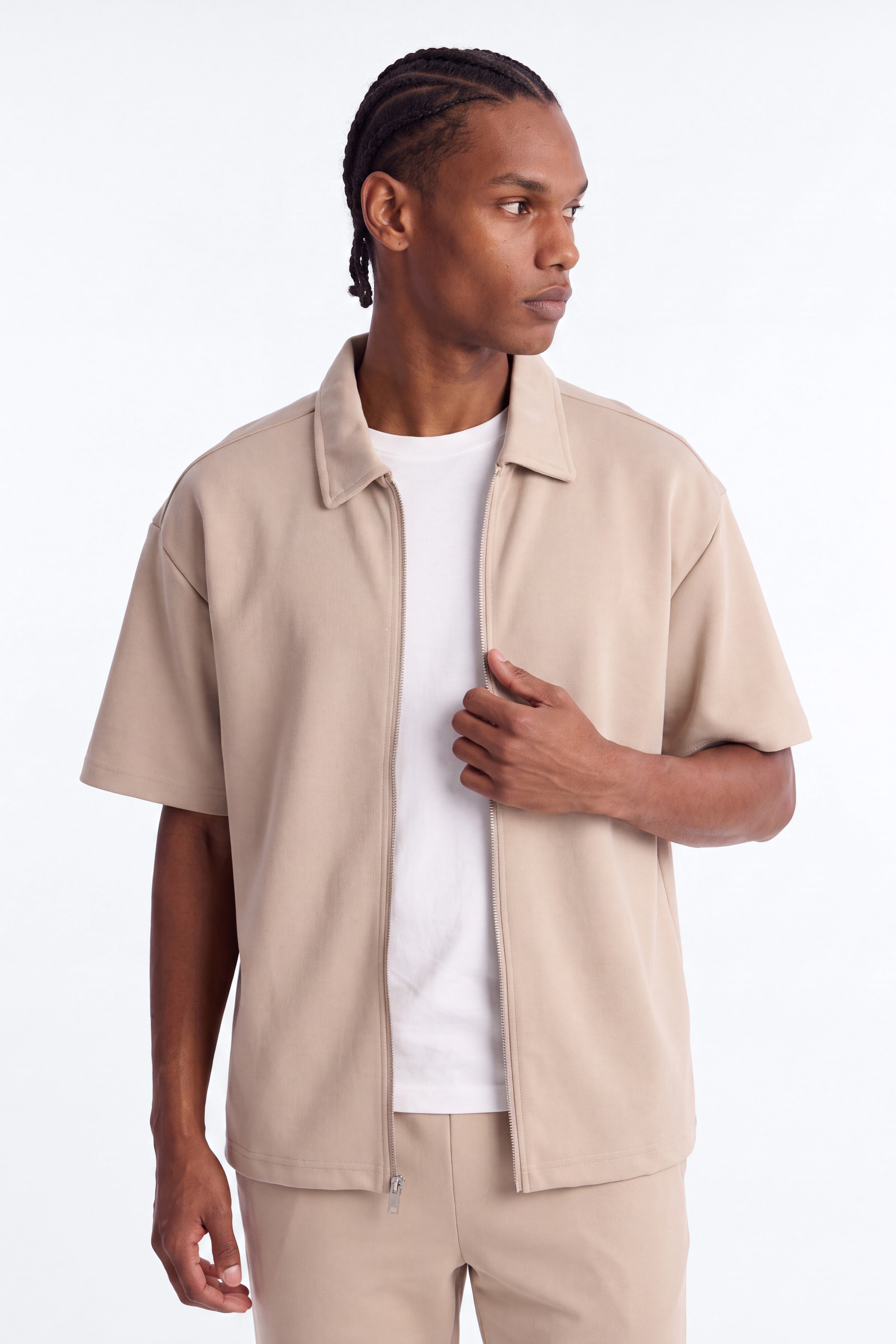 Structured Fleece Oversized Full Zip Polo - Tan