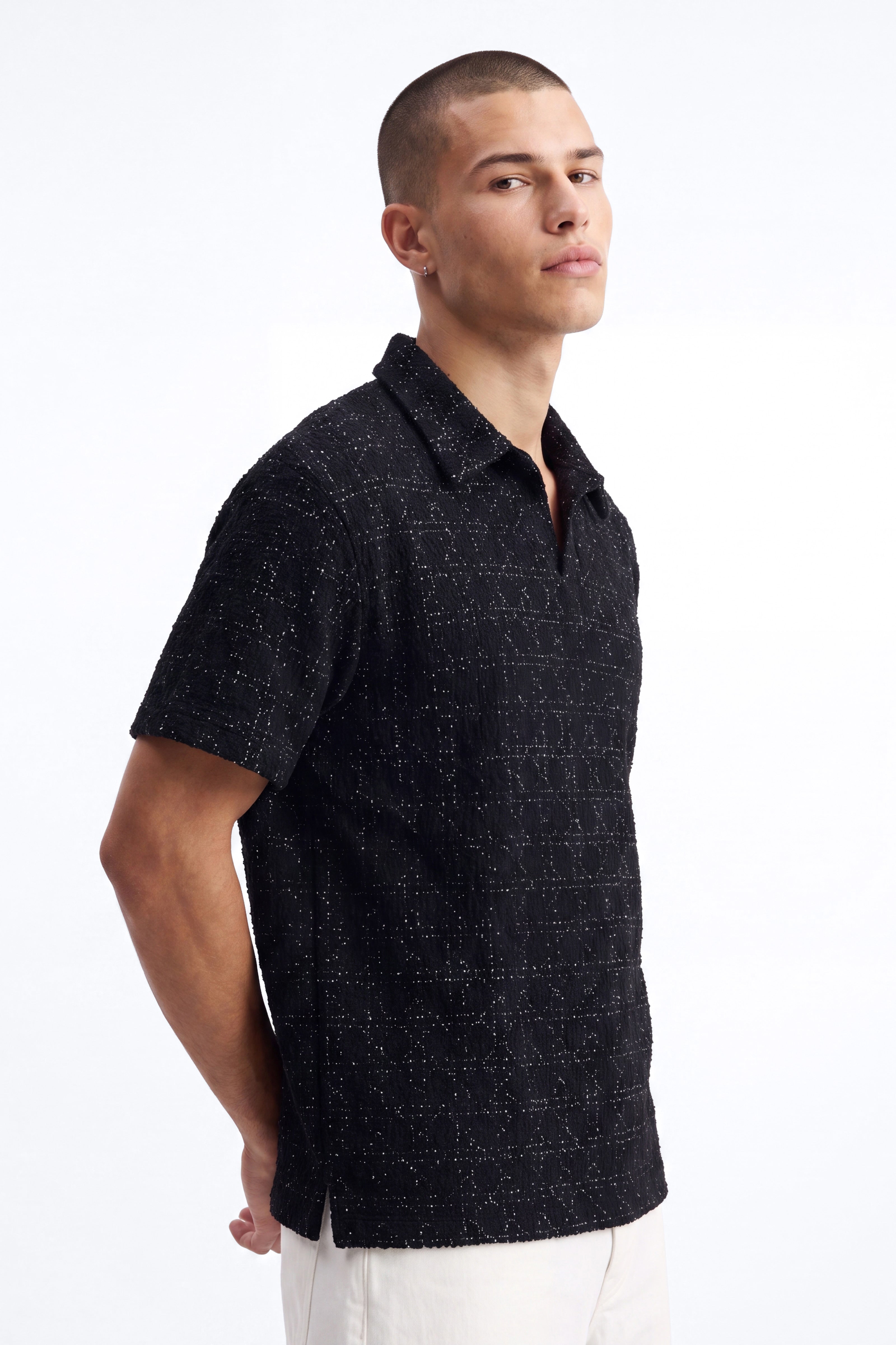 Static Textured Johnny Collar Polo - Black