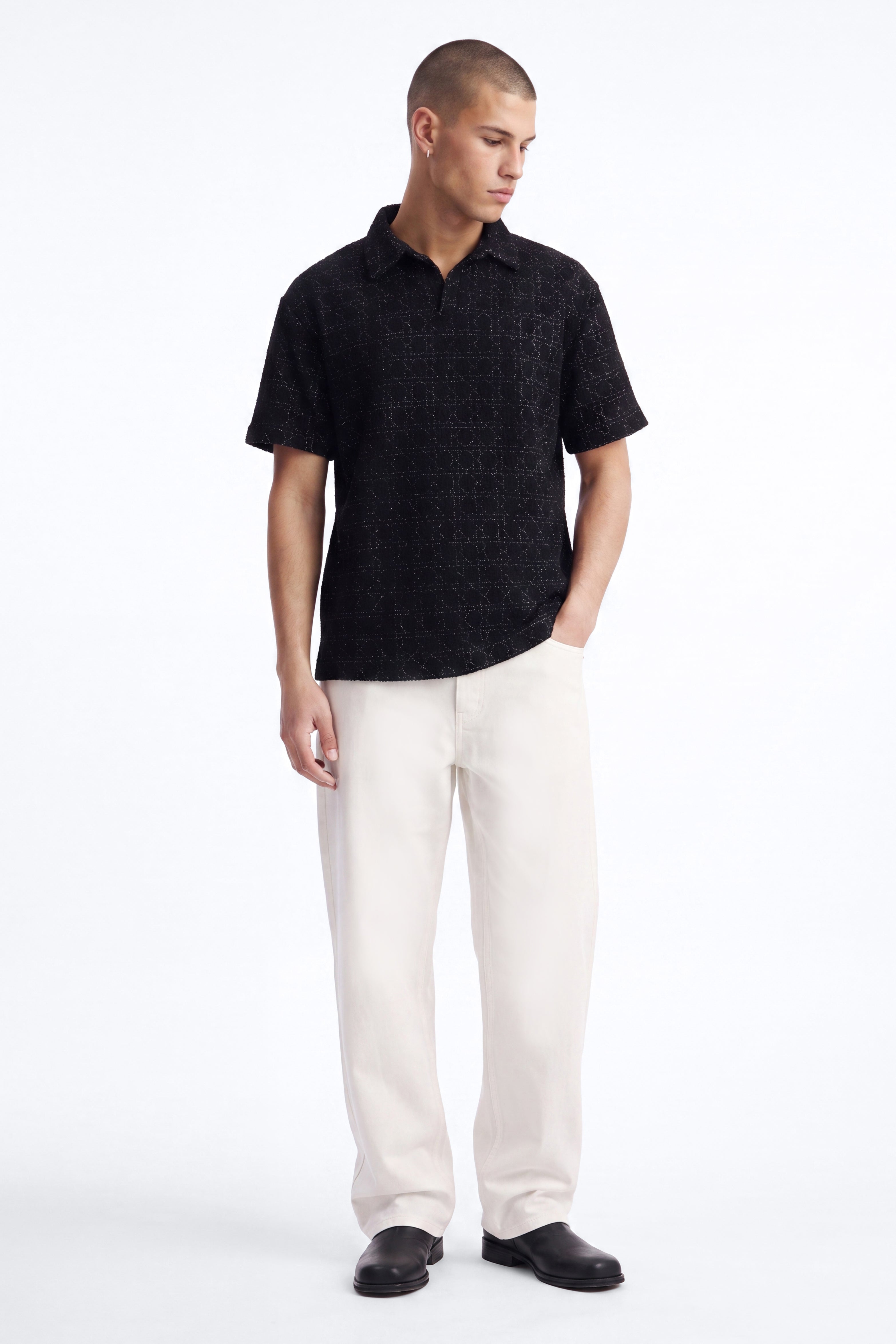 Static Textured Johnny Collar Polo - Black
