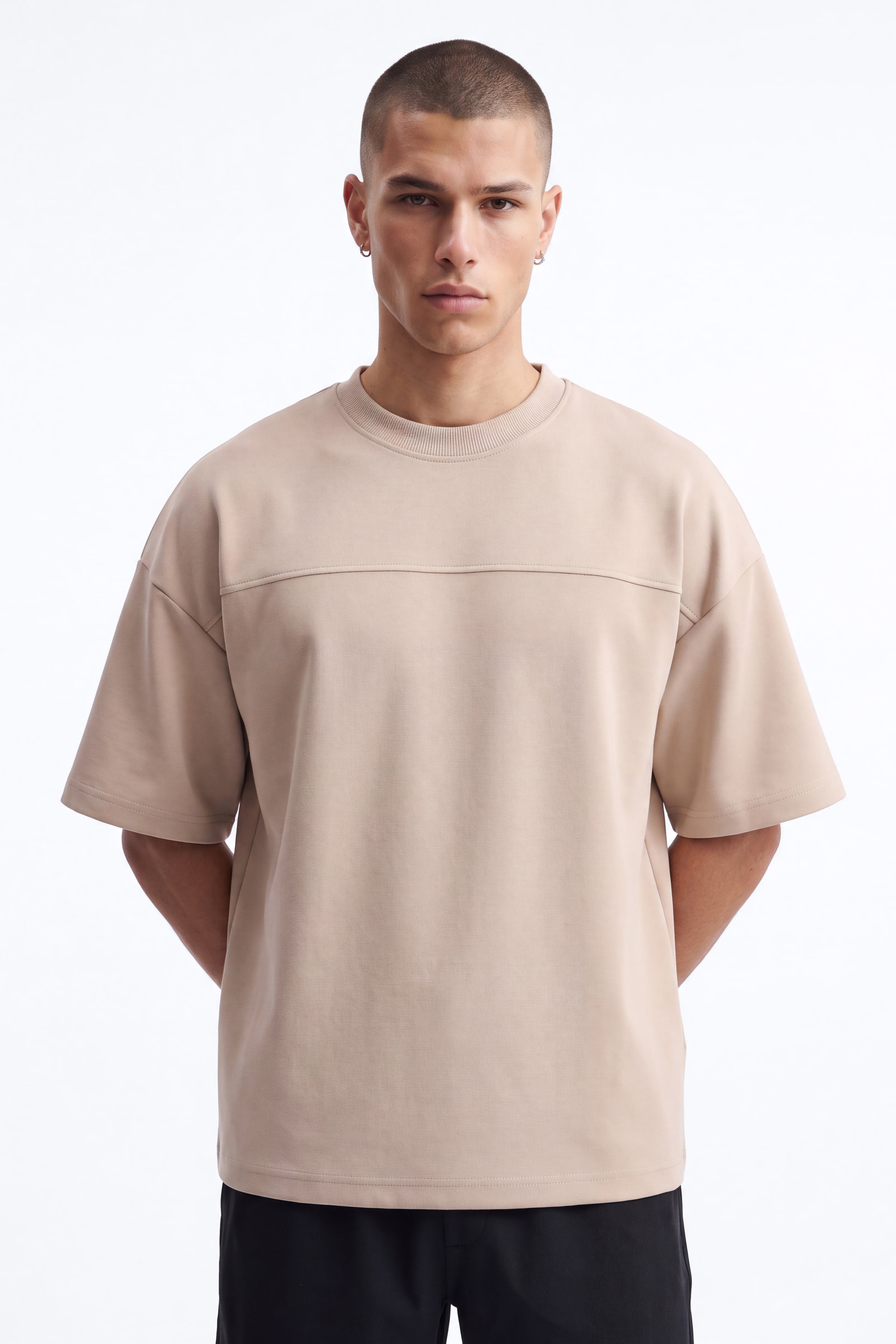 Structured Fleece Paneled Tee - Tan