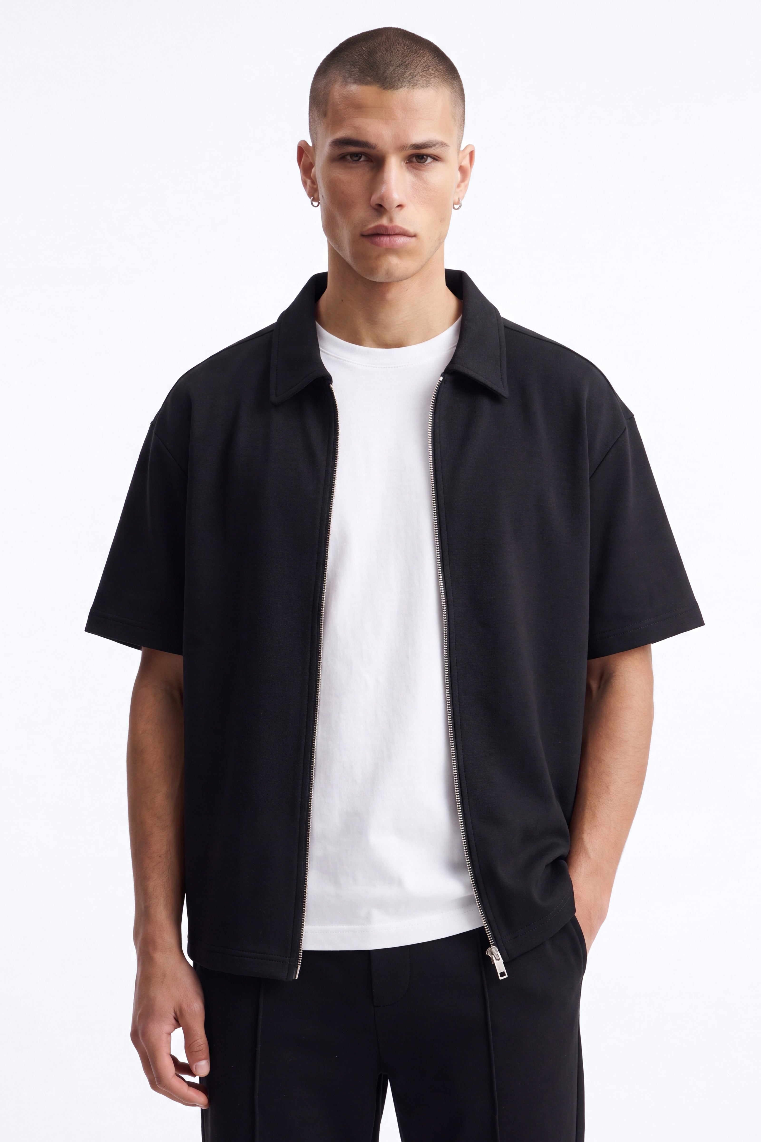 Structured Fleece Oversized Full Zip Polo - Black