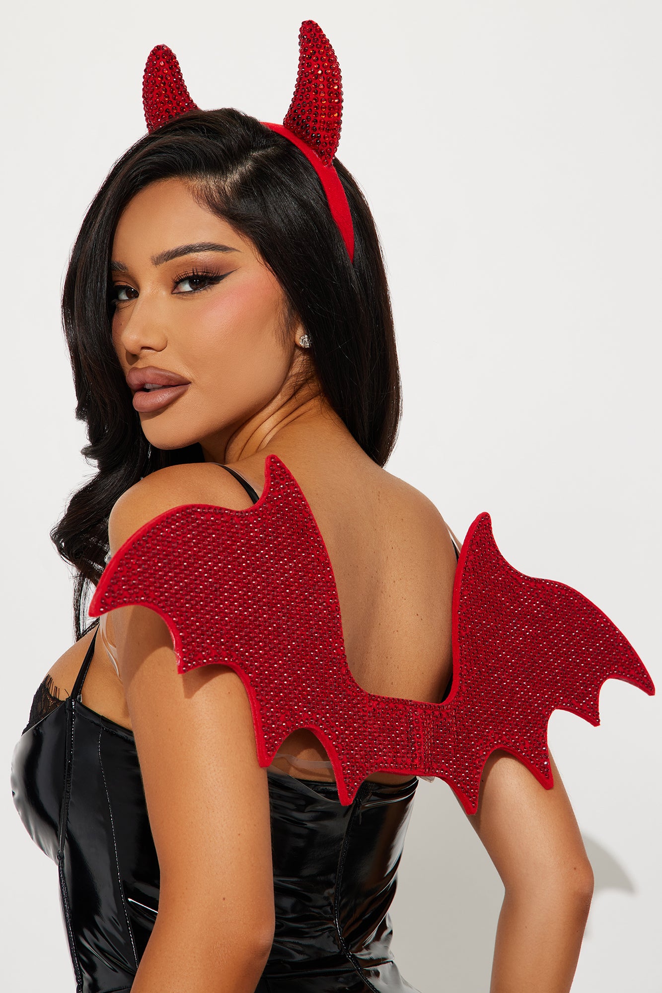 Perfect Devil Rhinestone Wing Horn 2 Piece Set - Red