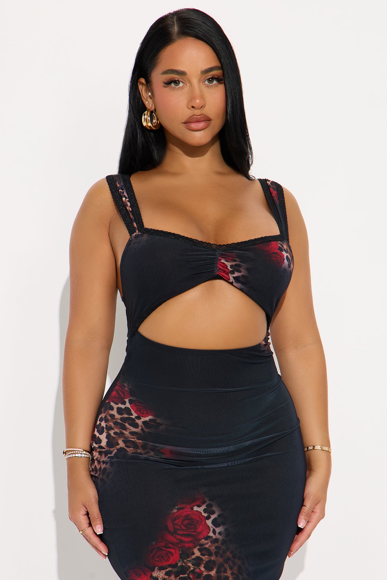 Andrea Animal Floral Mesh Midi Dress - Leopard