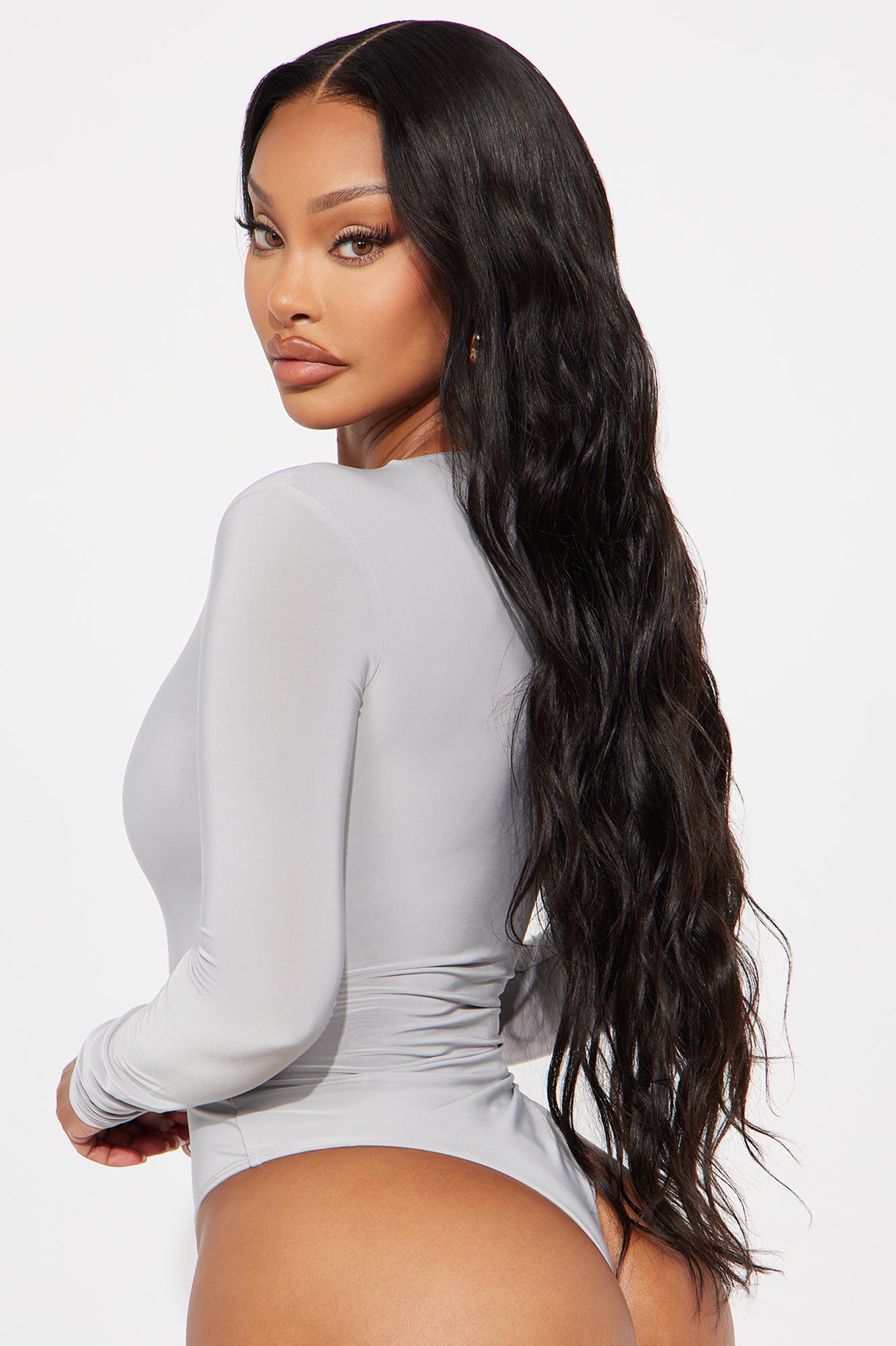 Take The Plunge Lined Long Sleeve Bodysuit - Grey