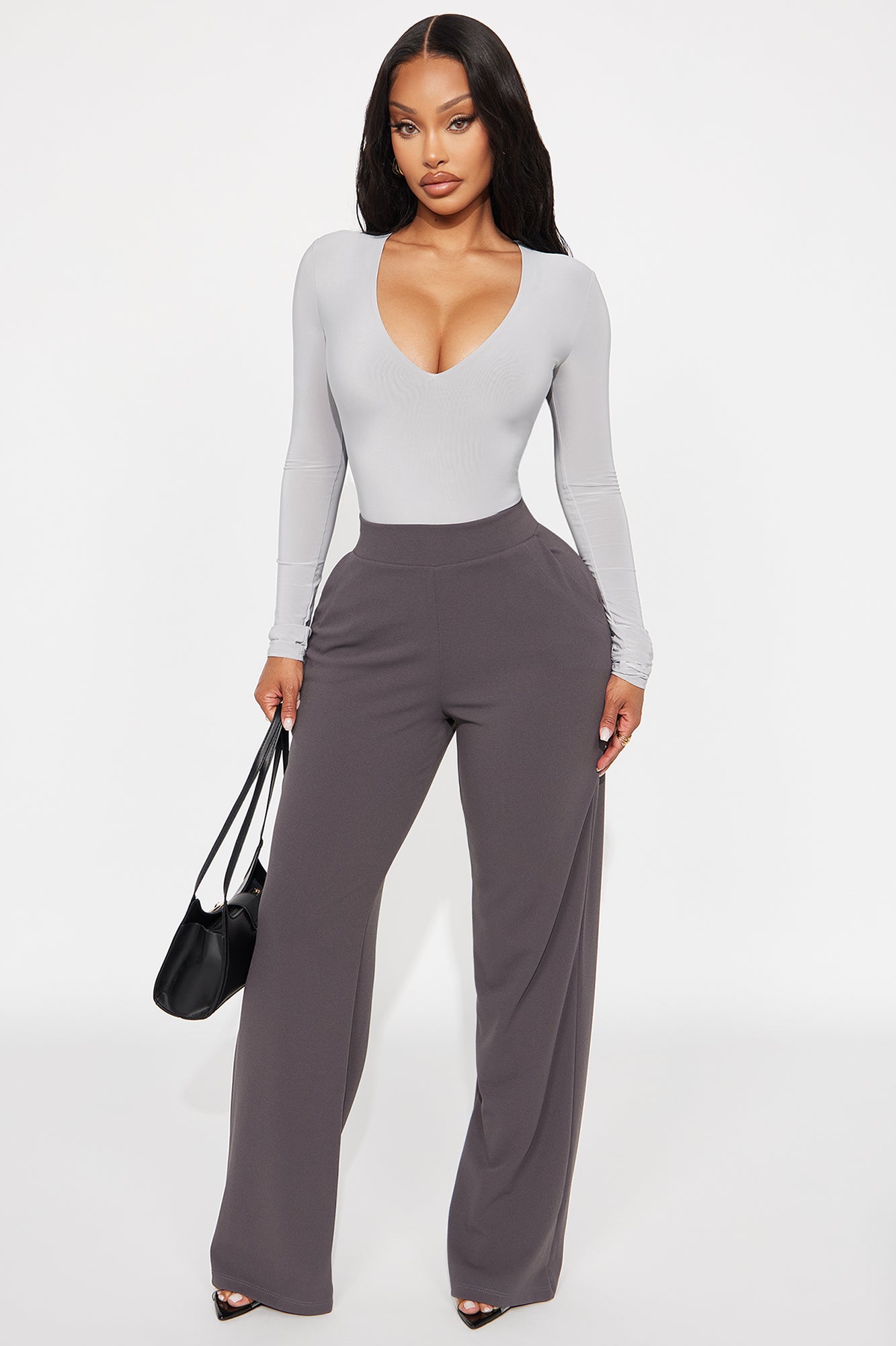 Take The Plunge Lined Long Sleeve Bodysuit - Grey