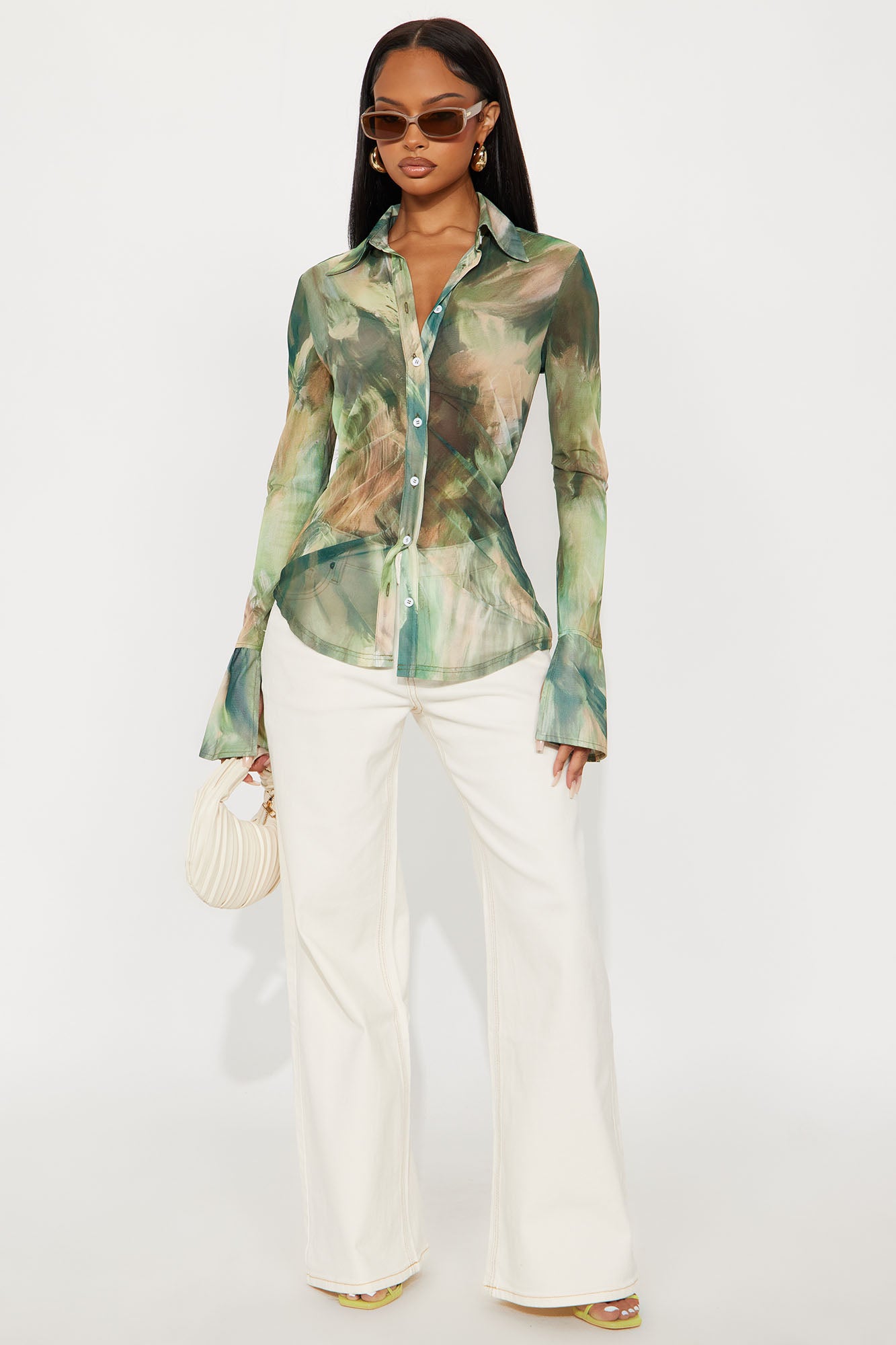 Lyra Mesh Button Up Shirt - Green/combo