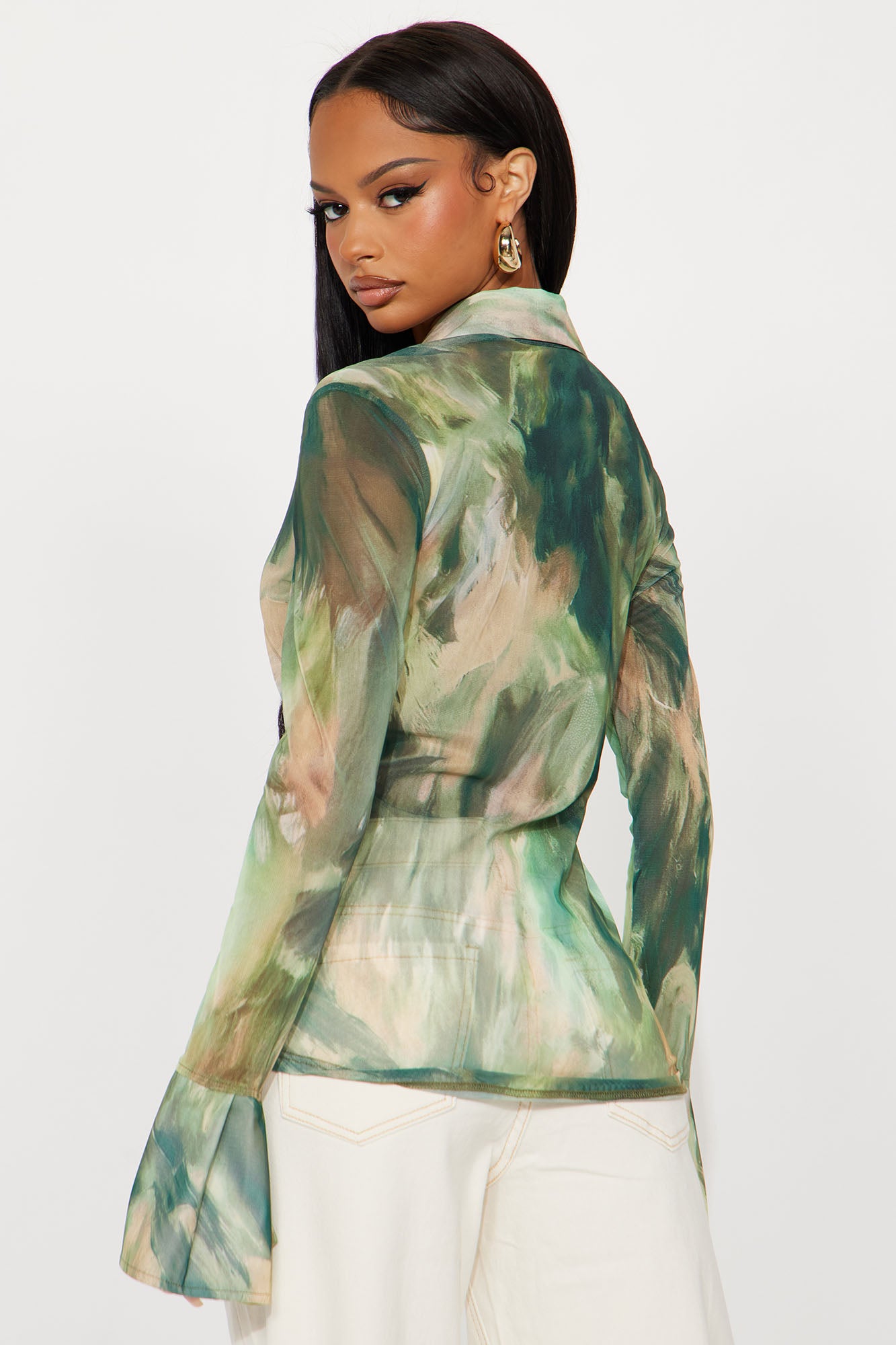 Lyra Mesh Button Up Shirt - Green/combo