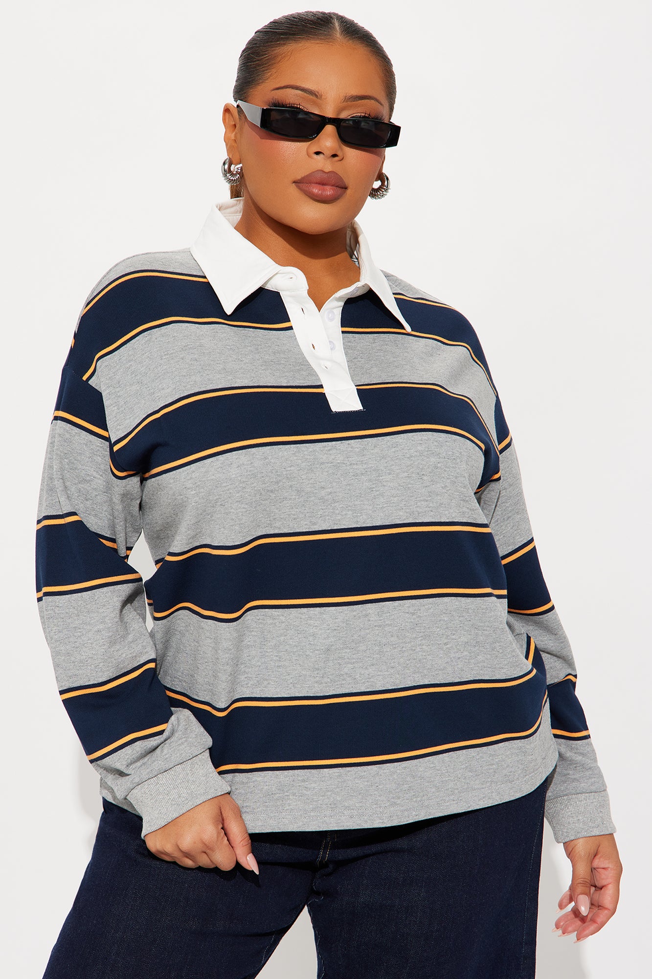 East Coast Rugby Stripe Polo Top - Heathered Grey