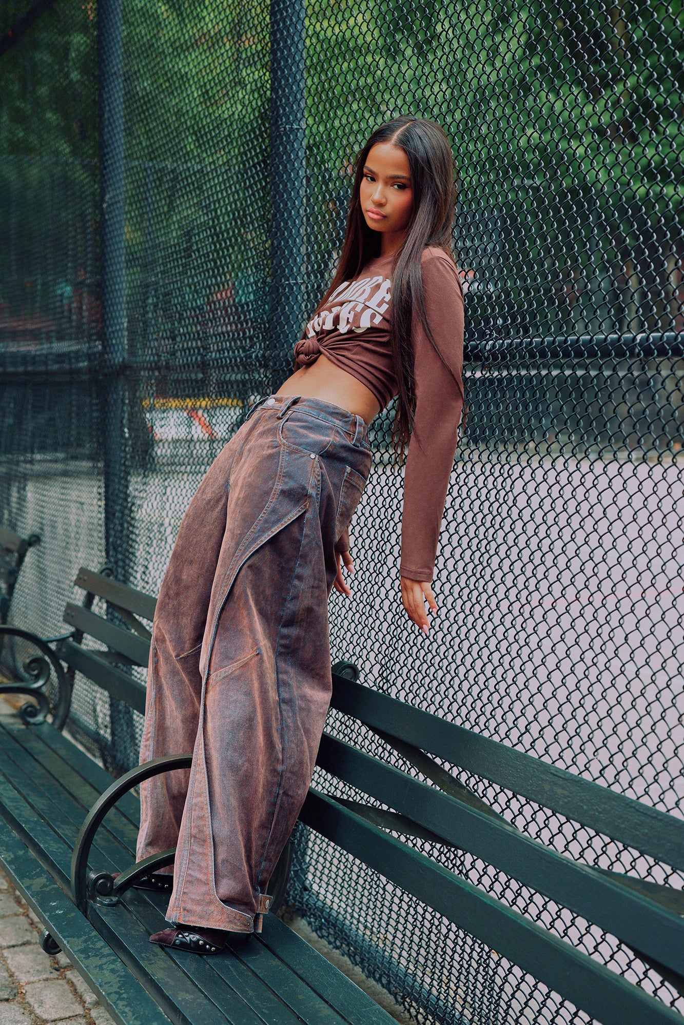 Off Grid Flocked Wide Leg Jeans - Brown