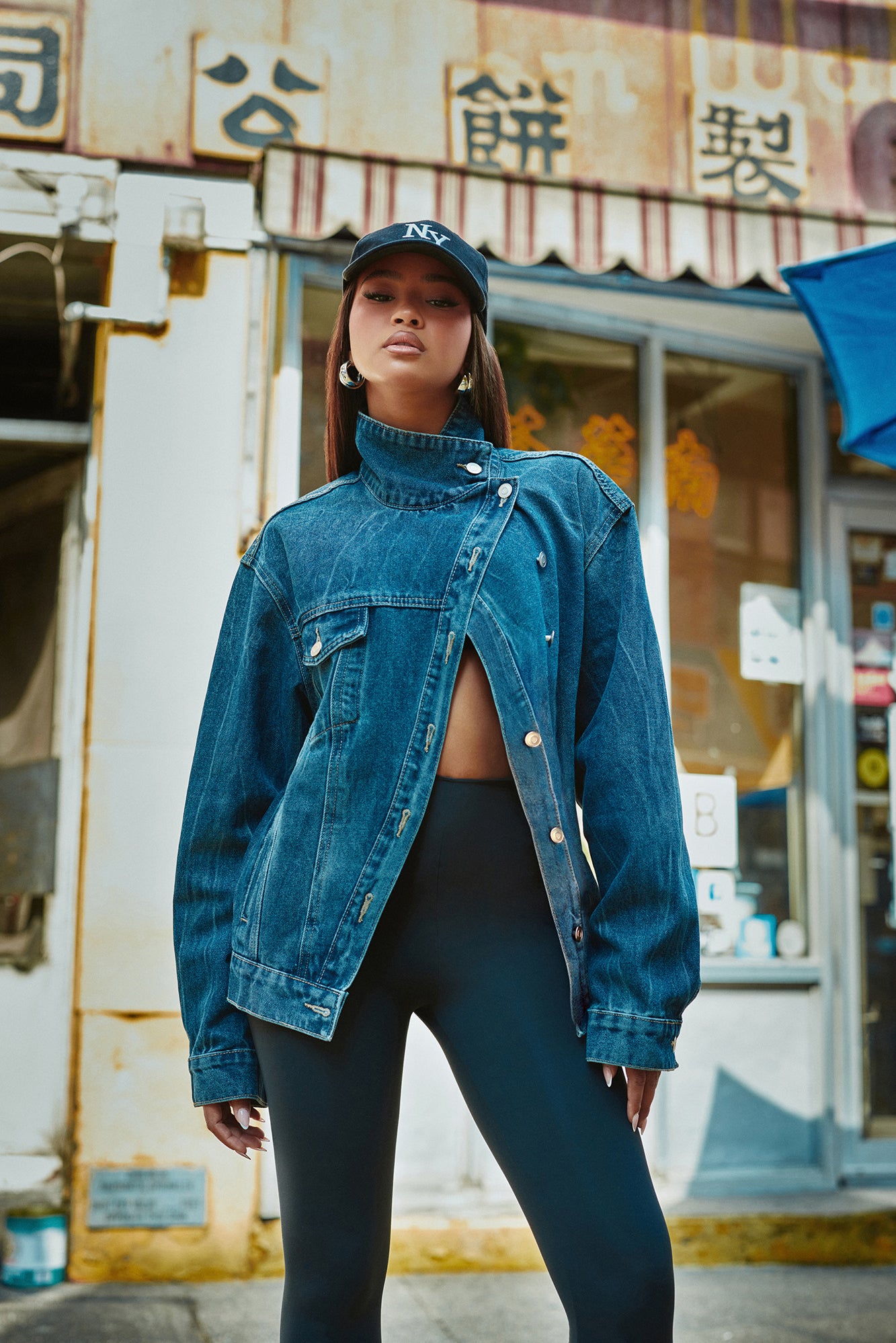 Elora Crossover Funnel Neck Denim Trucker Jacket - Dark Wash