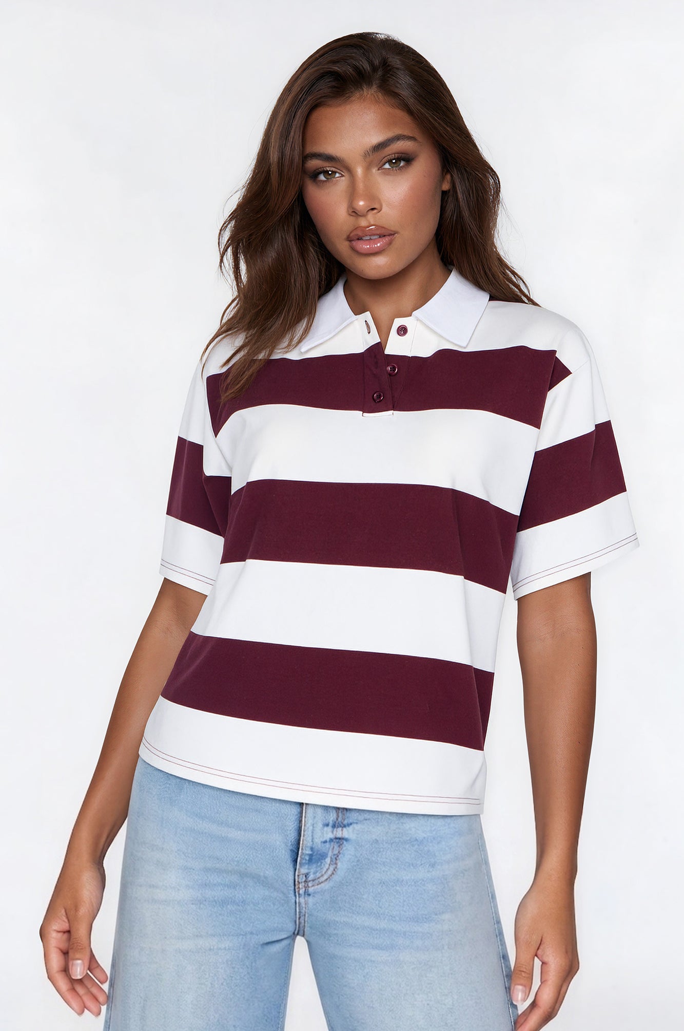 Avery Striped Short Sleeve Polo Top - Cream/combo