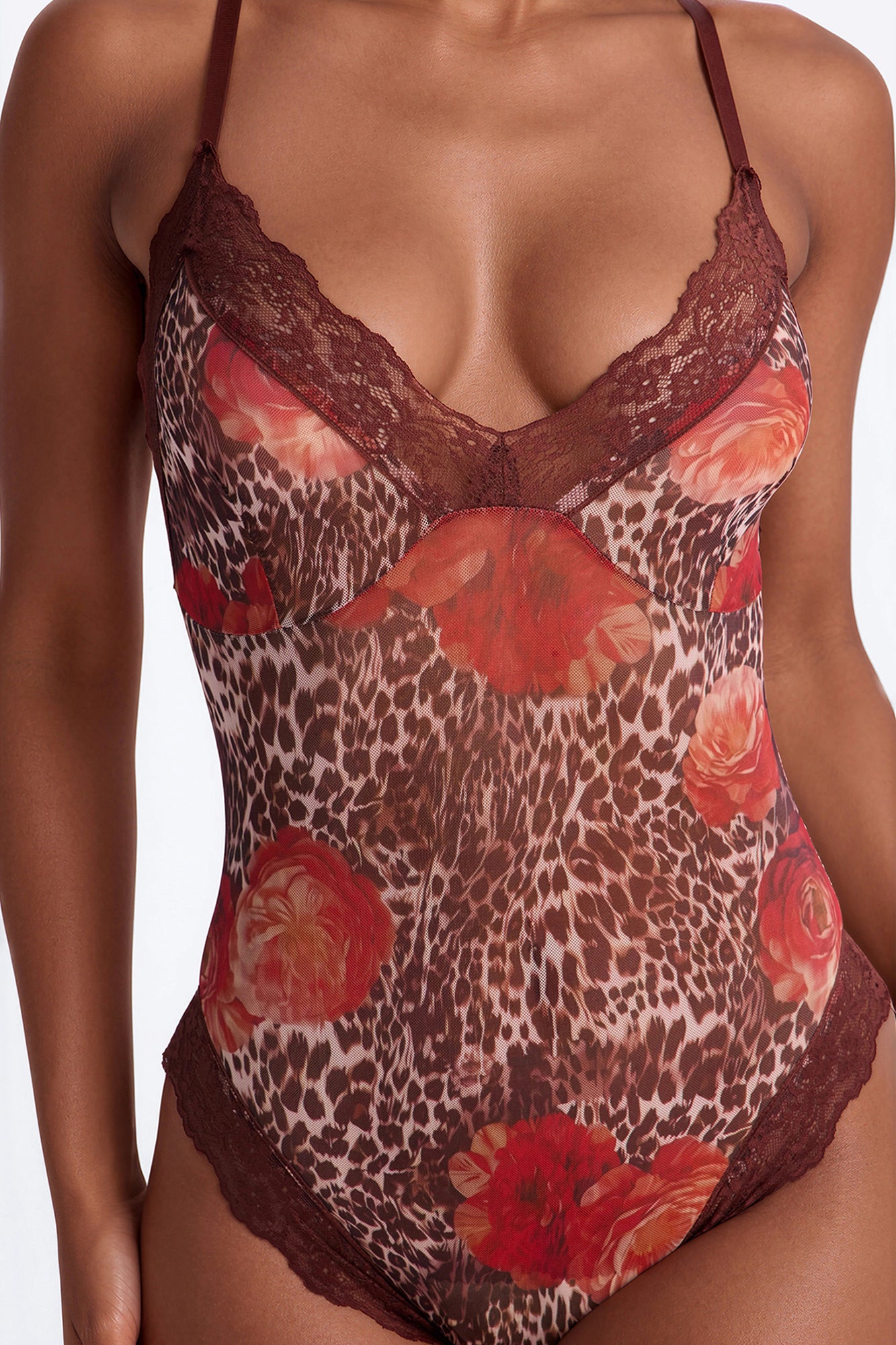 Midnight Magnolia Floral Crotchless Mesh Teddy - Brown/combo