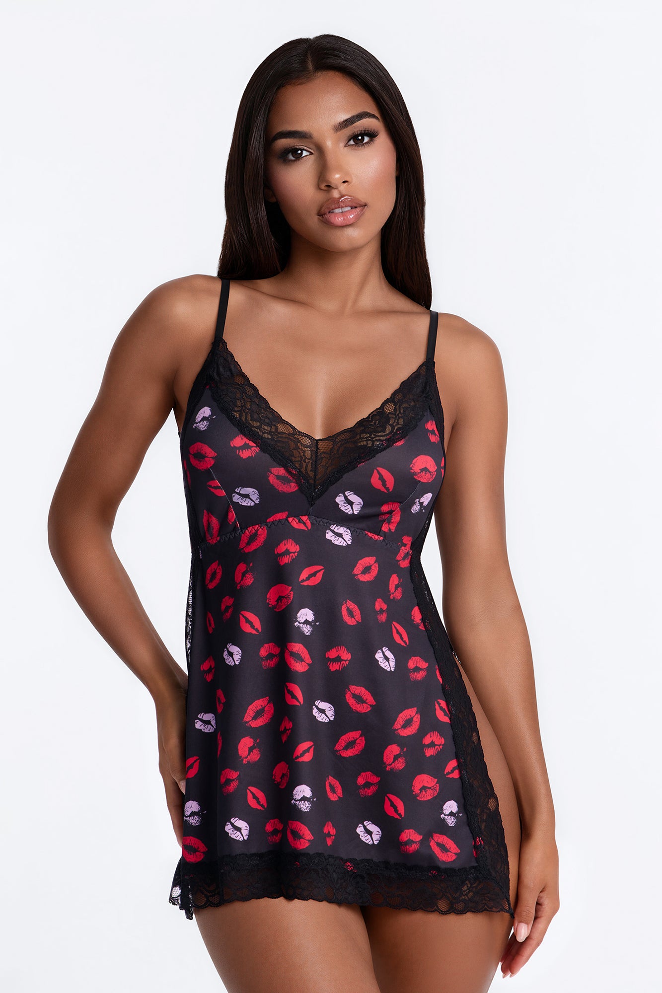One More Time Lace Trim Babydoll - Black/combo