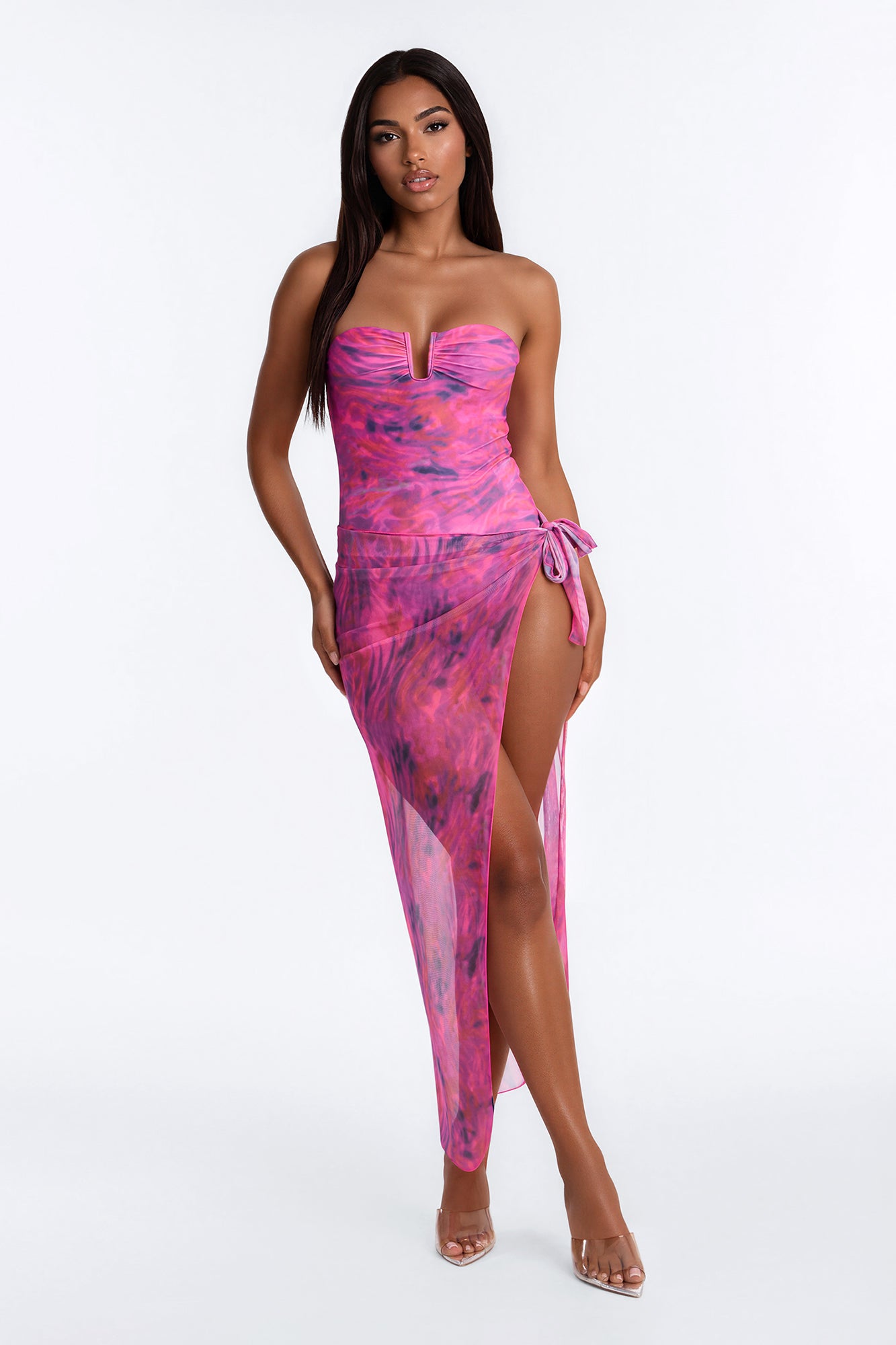 Macy Abstract 1 Piece Strapless Swimsuit With Cover Up - Magenta/combo