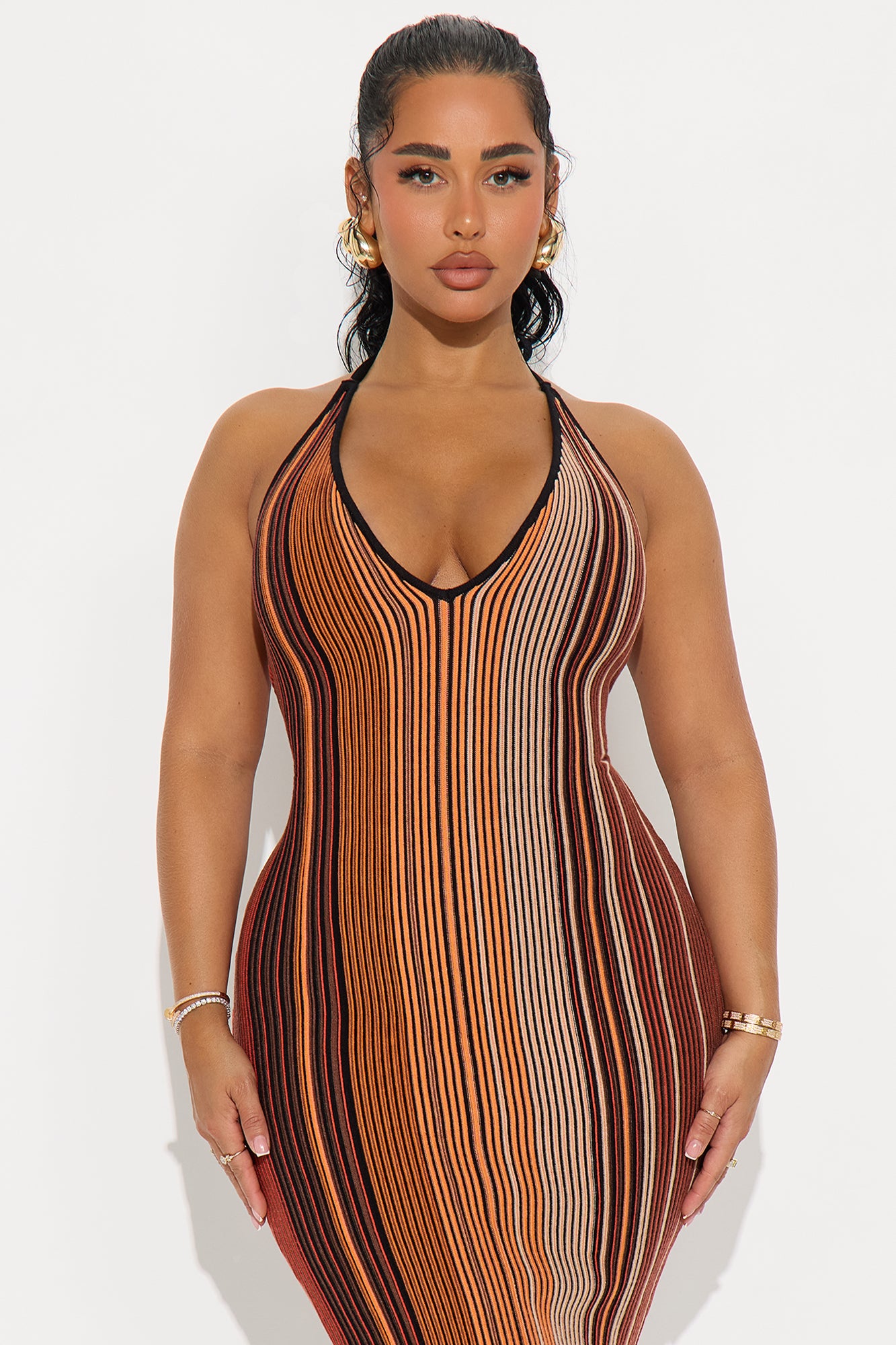 Lylah Halter Ribbed Midi Dress - Orange/combo