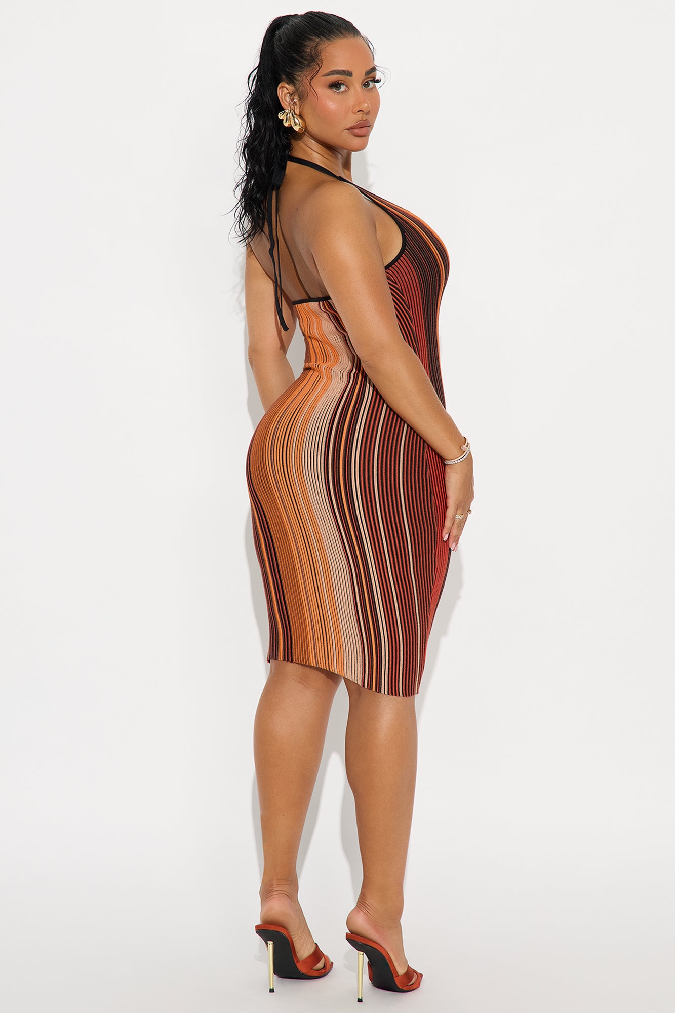 Lylah Halter Ribbed Midi Dress - Orange/combo