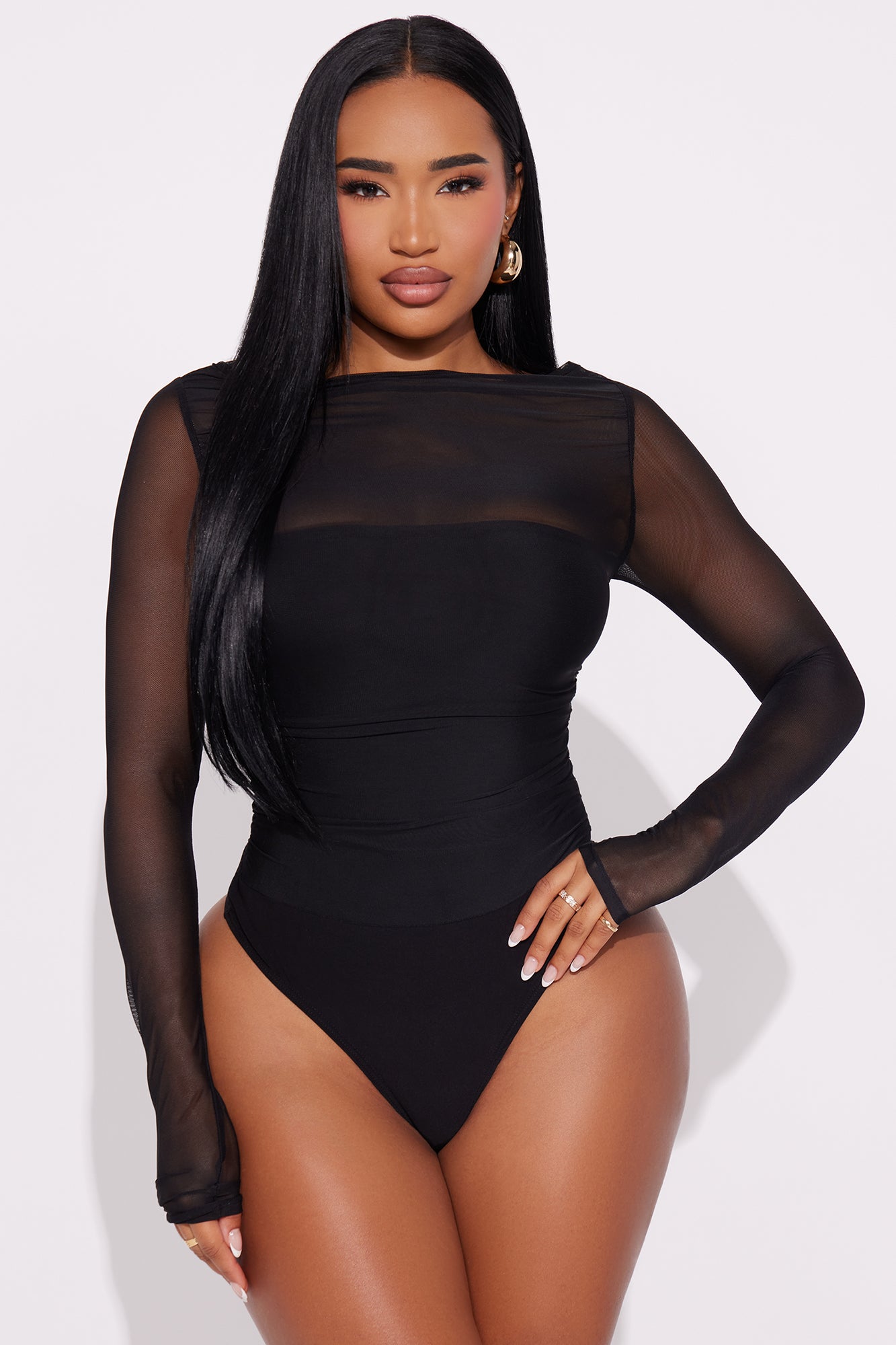 Melina Mesh Long Sleeve Bodysuit - Black