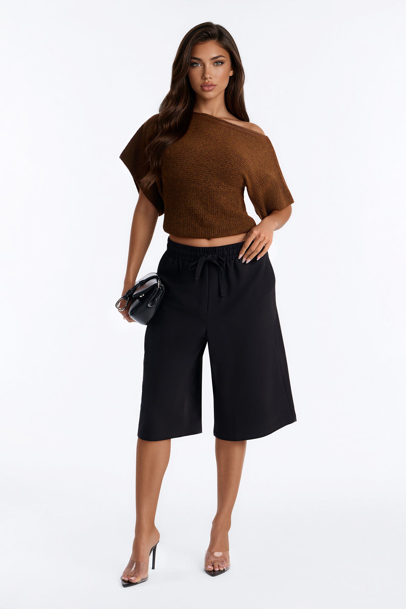 Carol One Shoulder Sweater Top - Brown