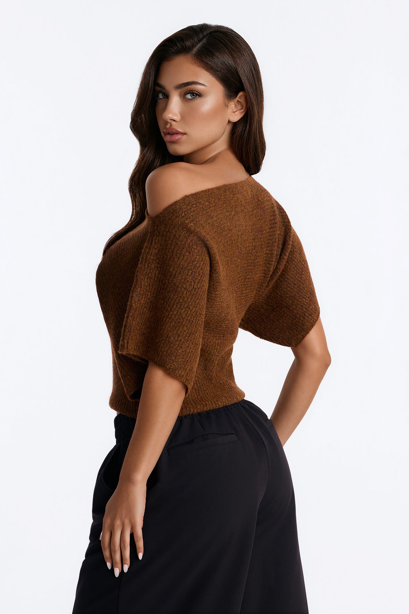Carol One Shoulder Sweater Top - Brown